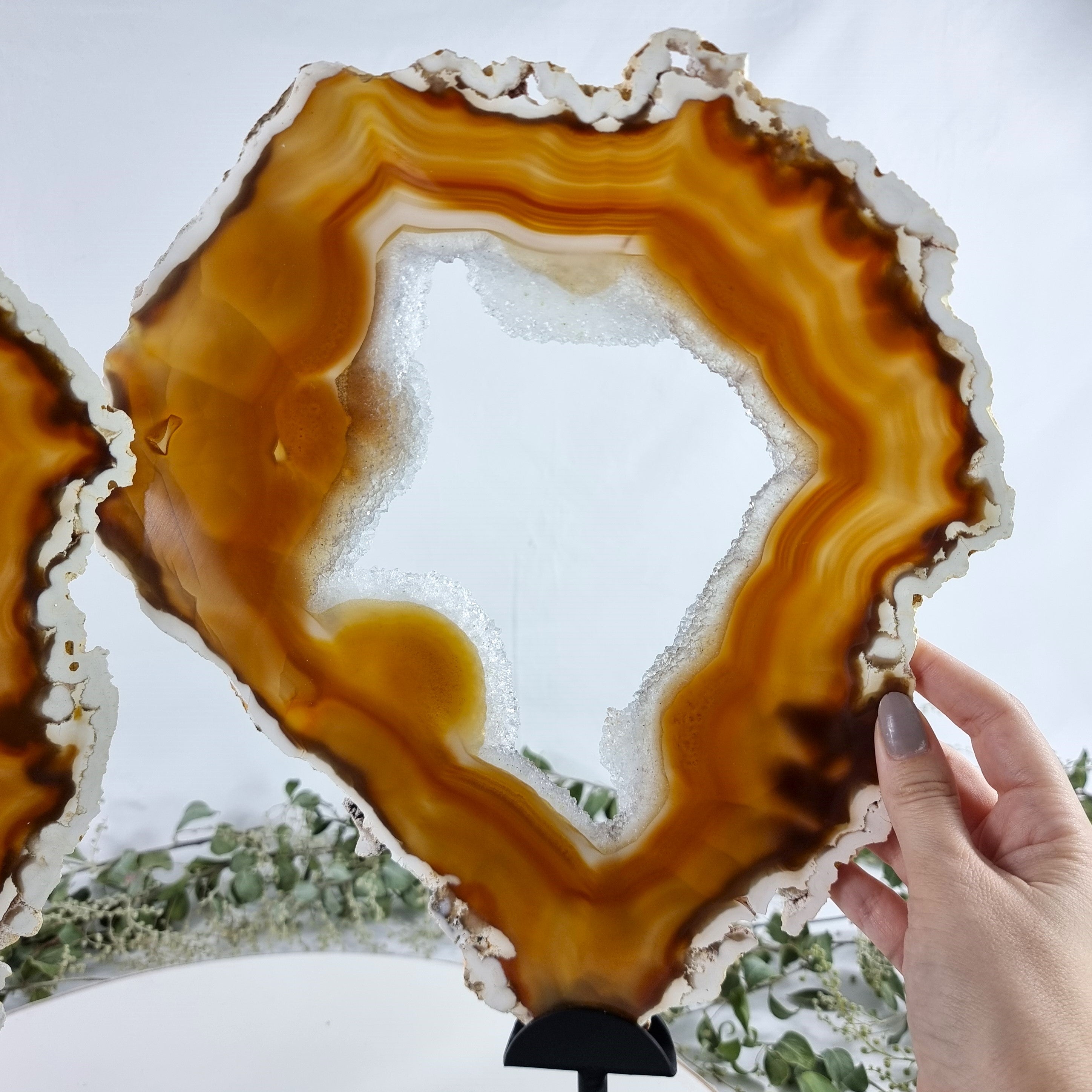 Special Large Natural Brazilian Agate Slice on a Metal Stand, 14.1" Tall Weight: 6.2 lbs - Set of 02