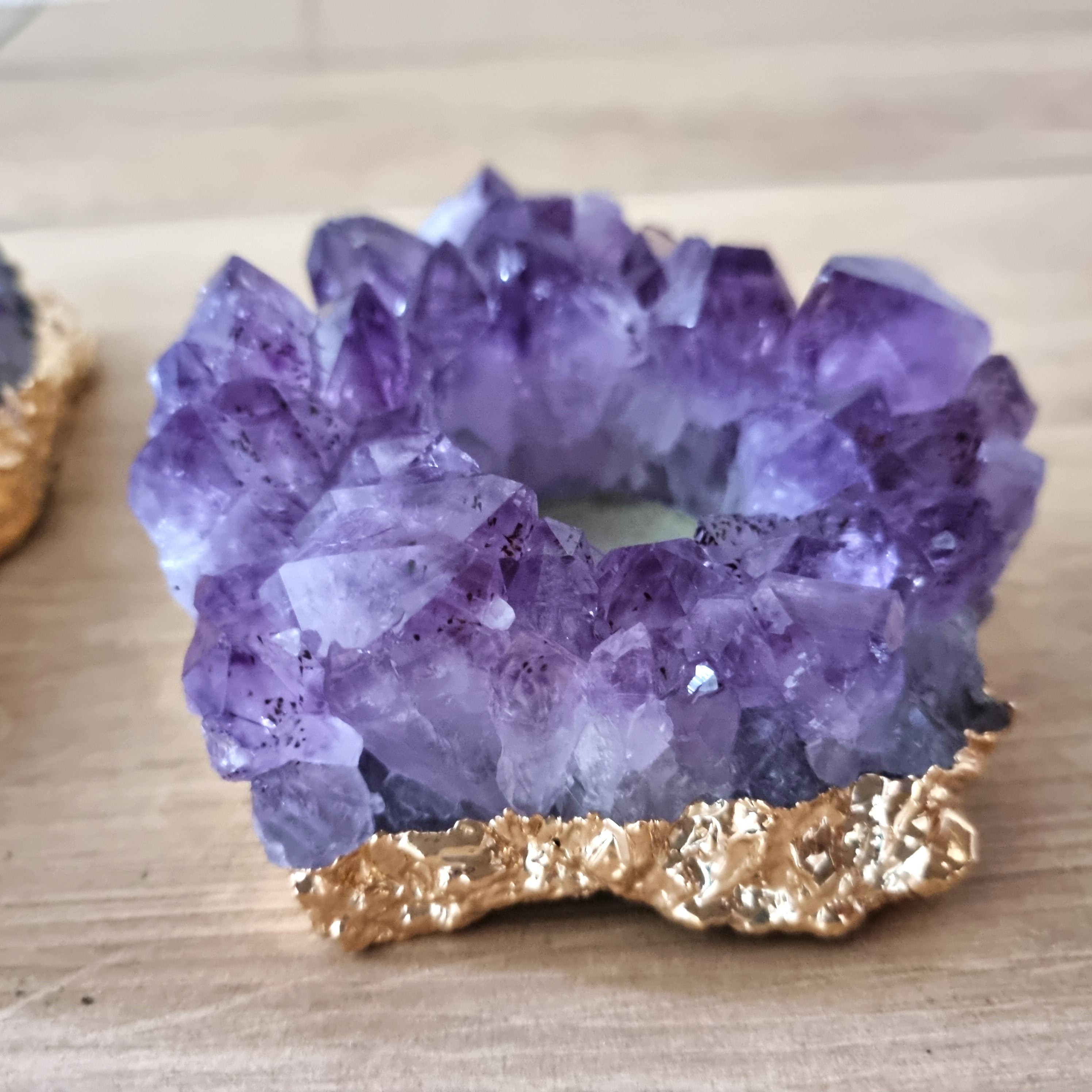 Amethyst Candle Holder with Golden Finish - Amethyst Cluster Candle Holder