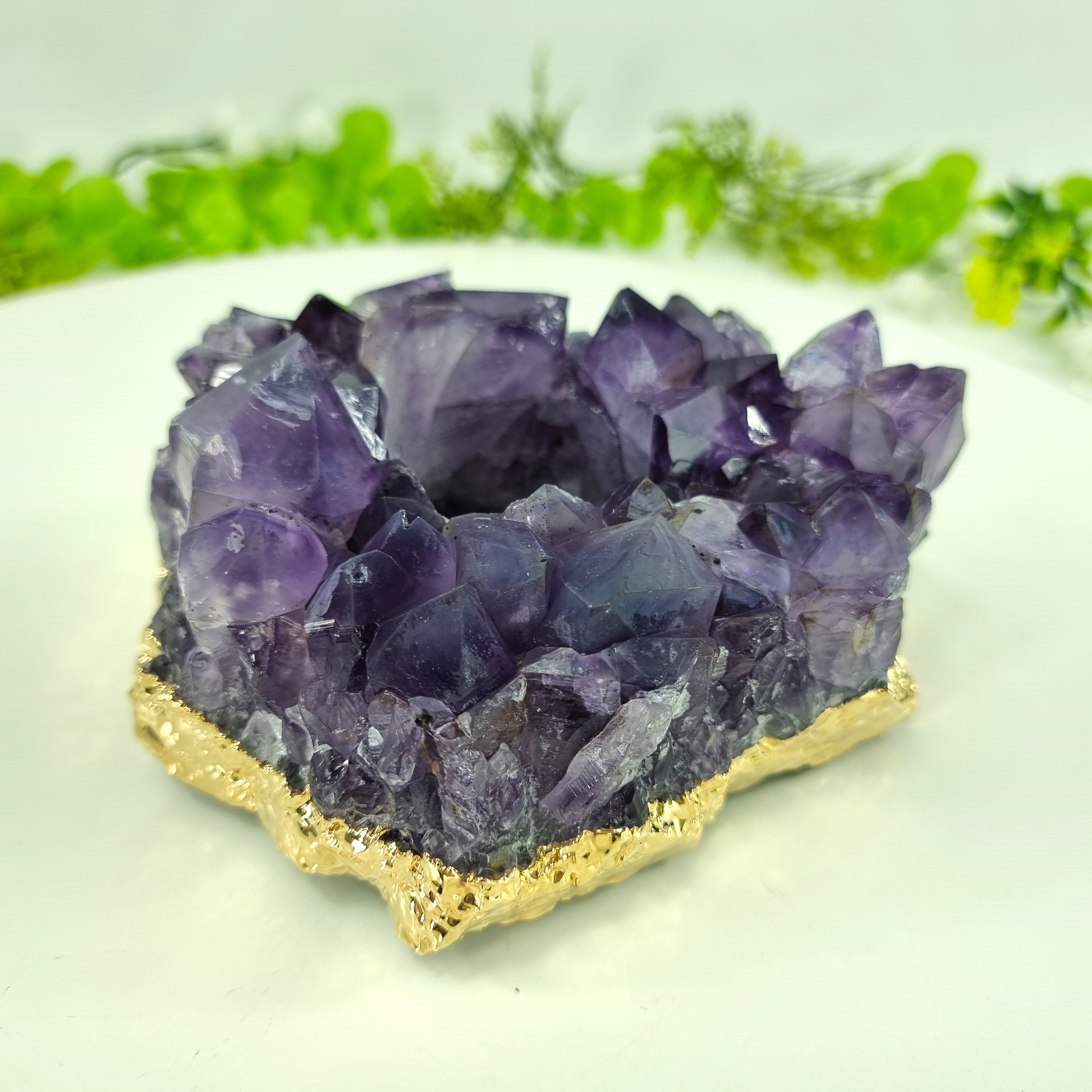 Amethyst Candle Holder with Golden Finish - Amethyst Cluster Candle Holder