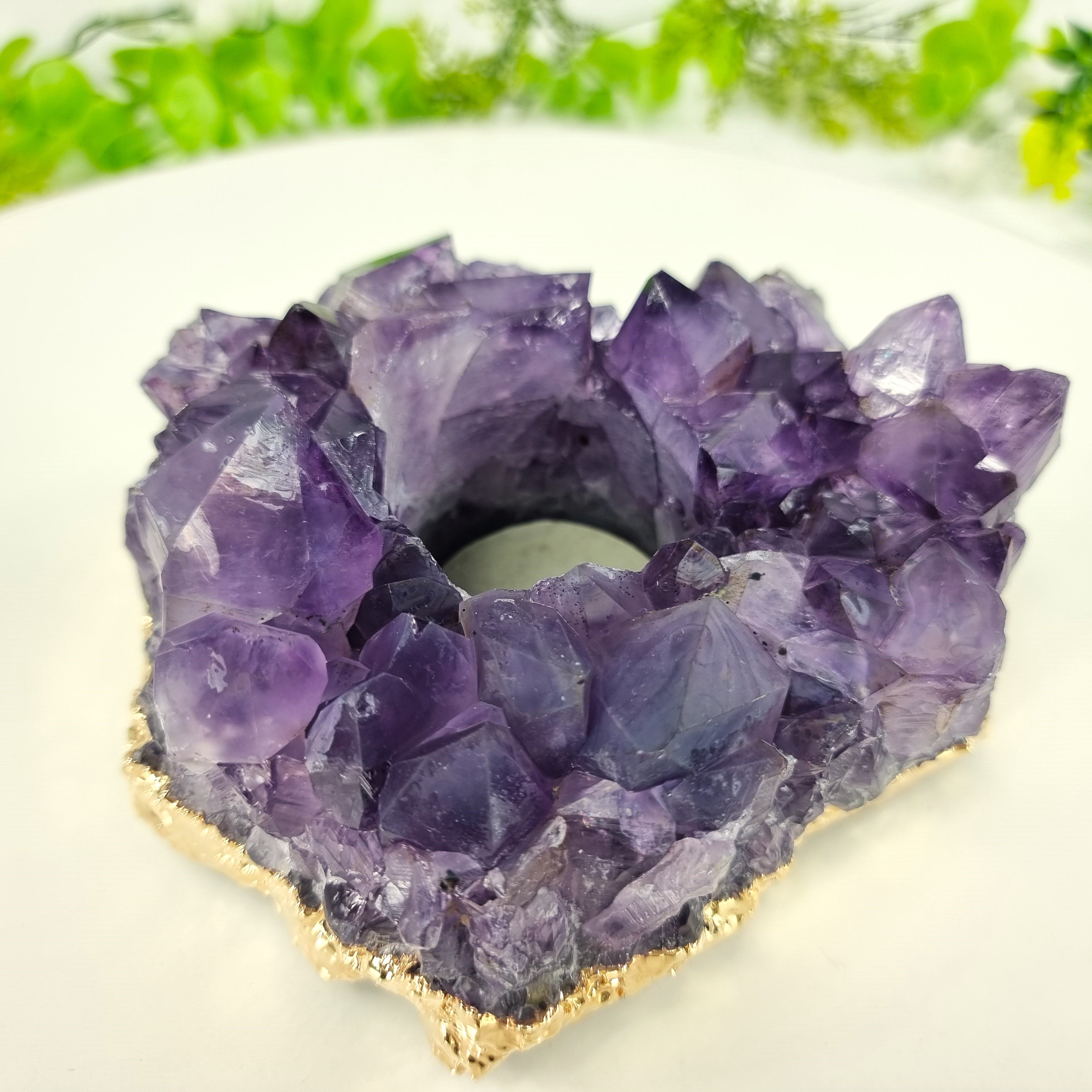 Amethyst Candle Holder with Golden Finish - Amethyst Cluster Candle Holder