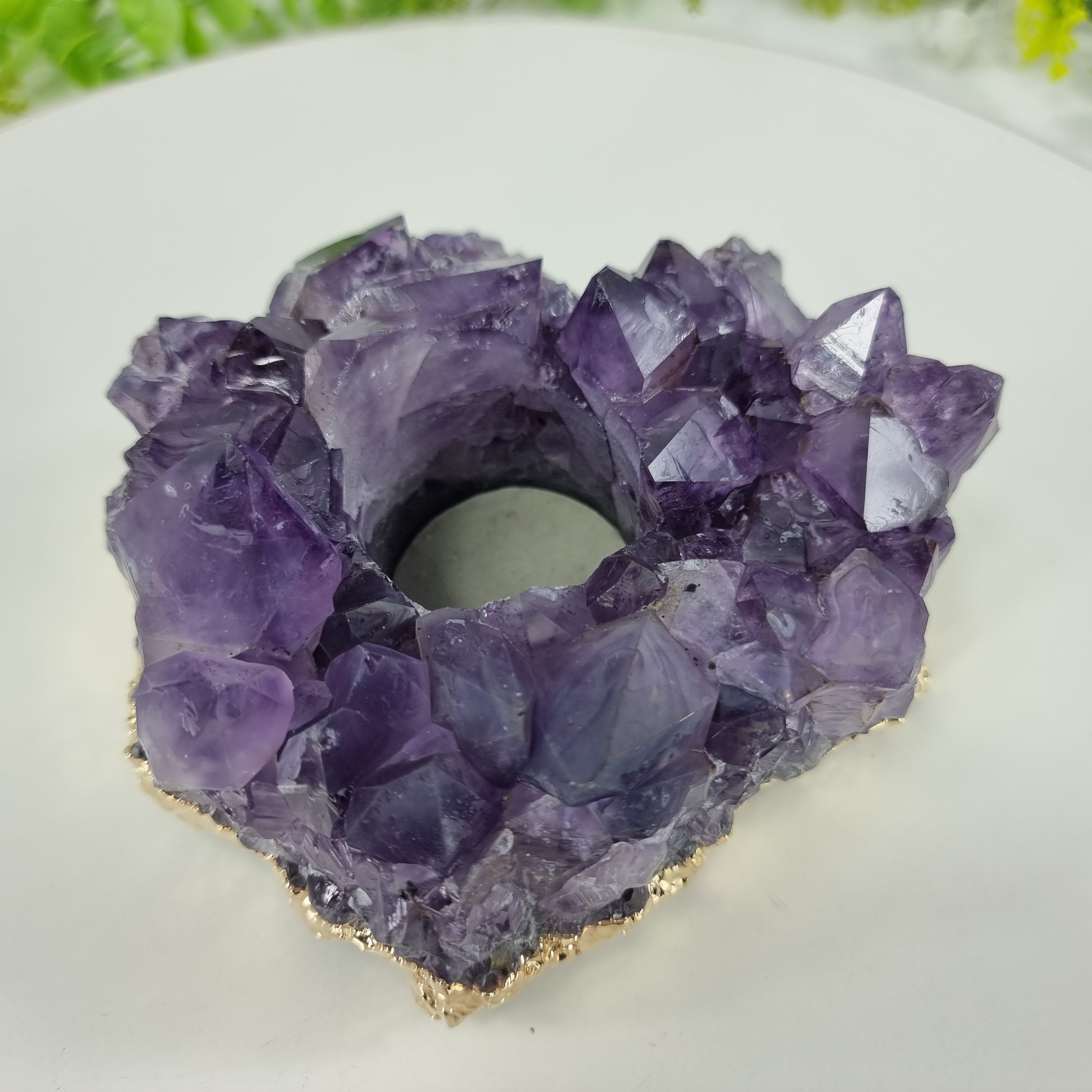 Portavelas de Amatista Drusa con Cristales Especiales | Baño Dorado en los Bordes | Energía, Belleza y Sofisticación | Pieza Artesanal BR Crystal