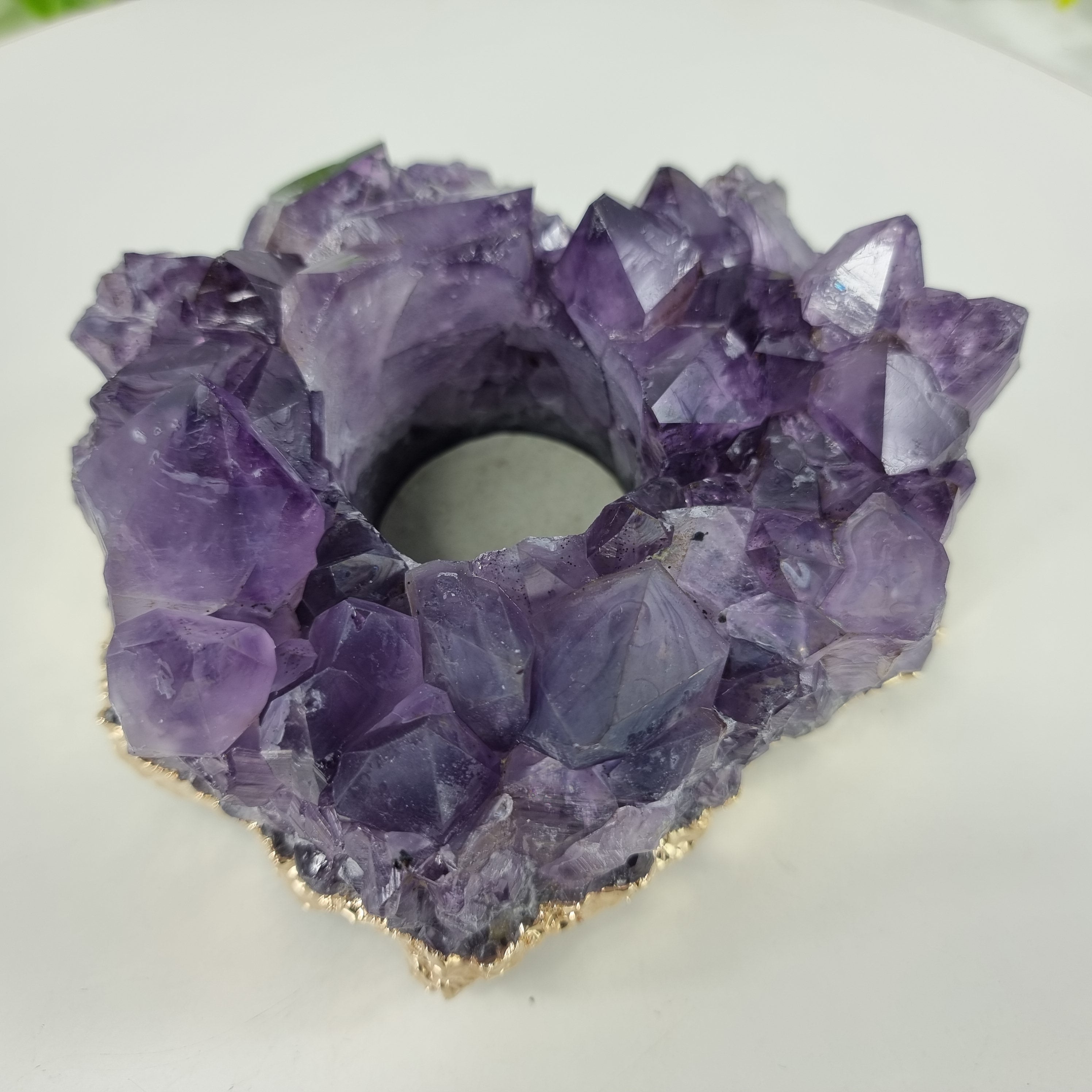 Portavelas de Amatista Drusa con Cristales Especiales | Baño Dorado en los Bordes | Energía, Belleza y Sofisticación | Pieza Artesanal BR Crystal
