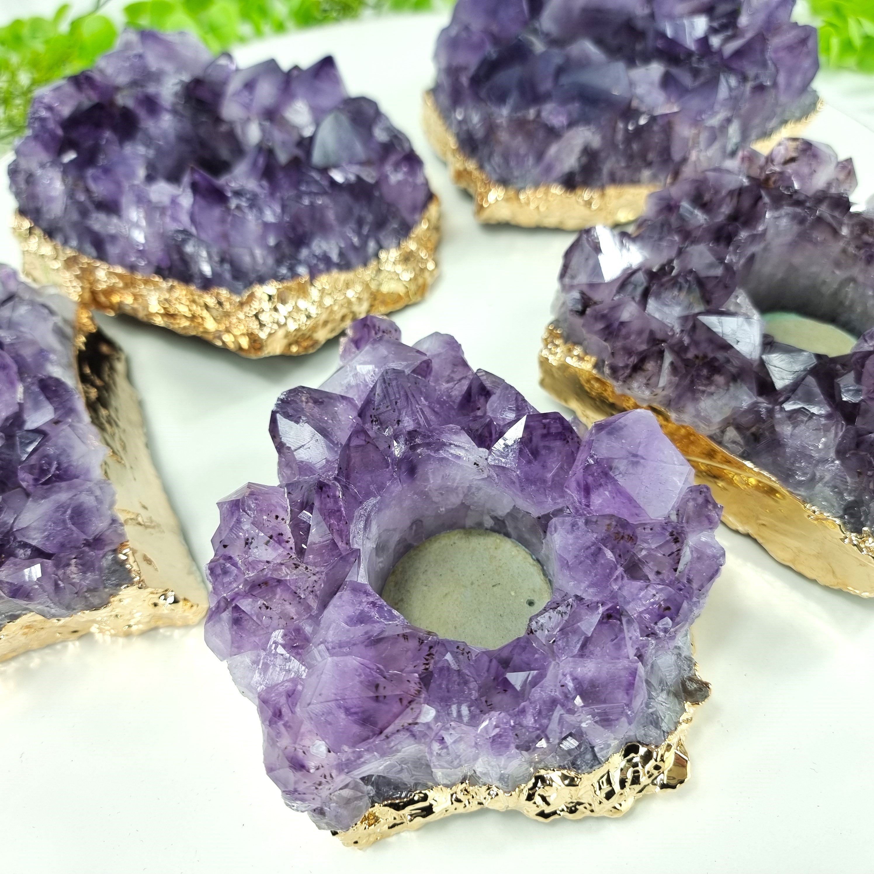 Amethyst Candle Holder with Golden Finish - Amethyst Cluster Candle Holder