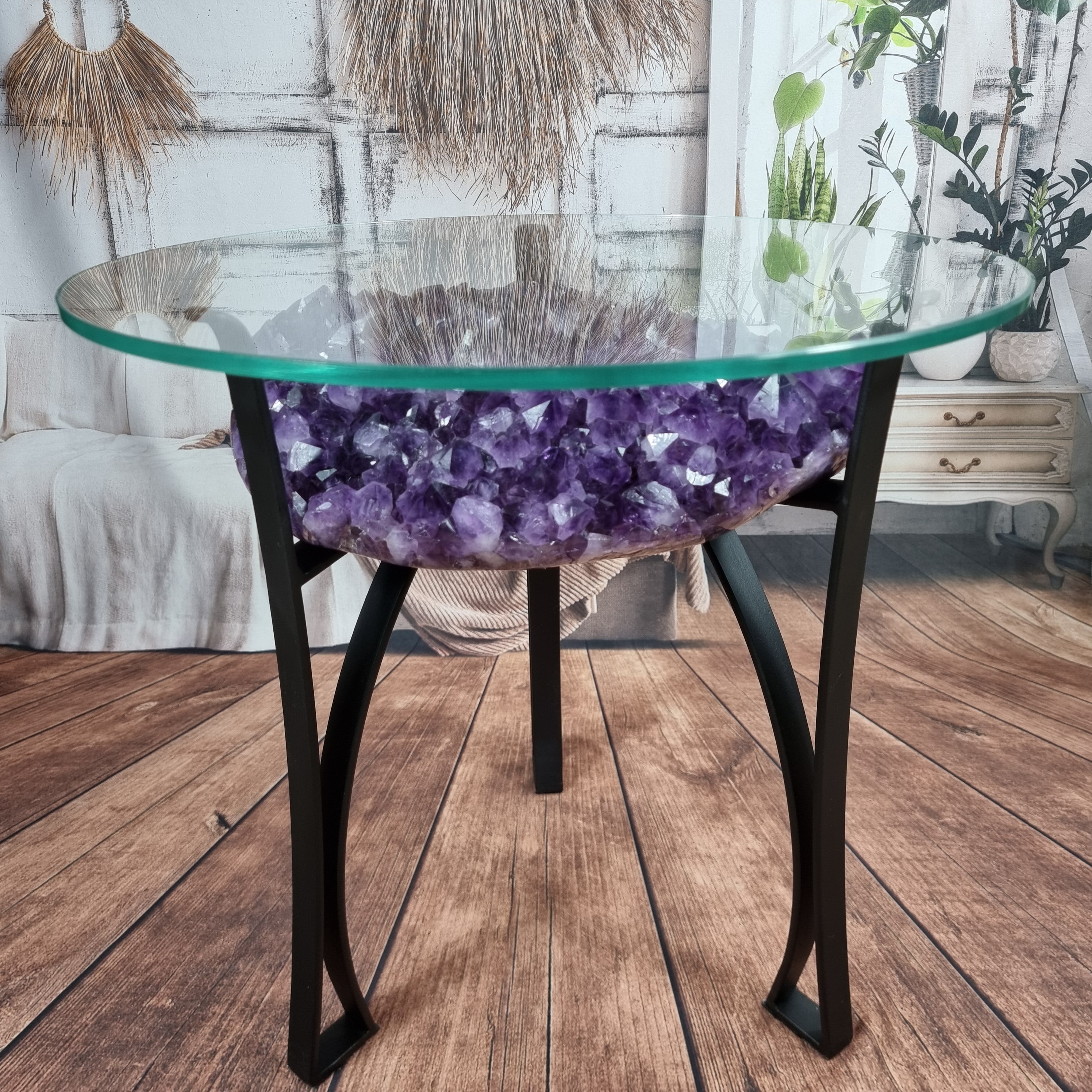 Amethyst Geode Side Table with Metal Legs - Purple Stone End Table