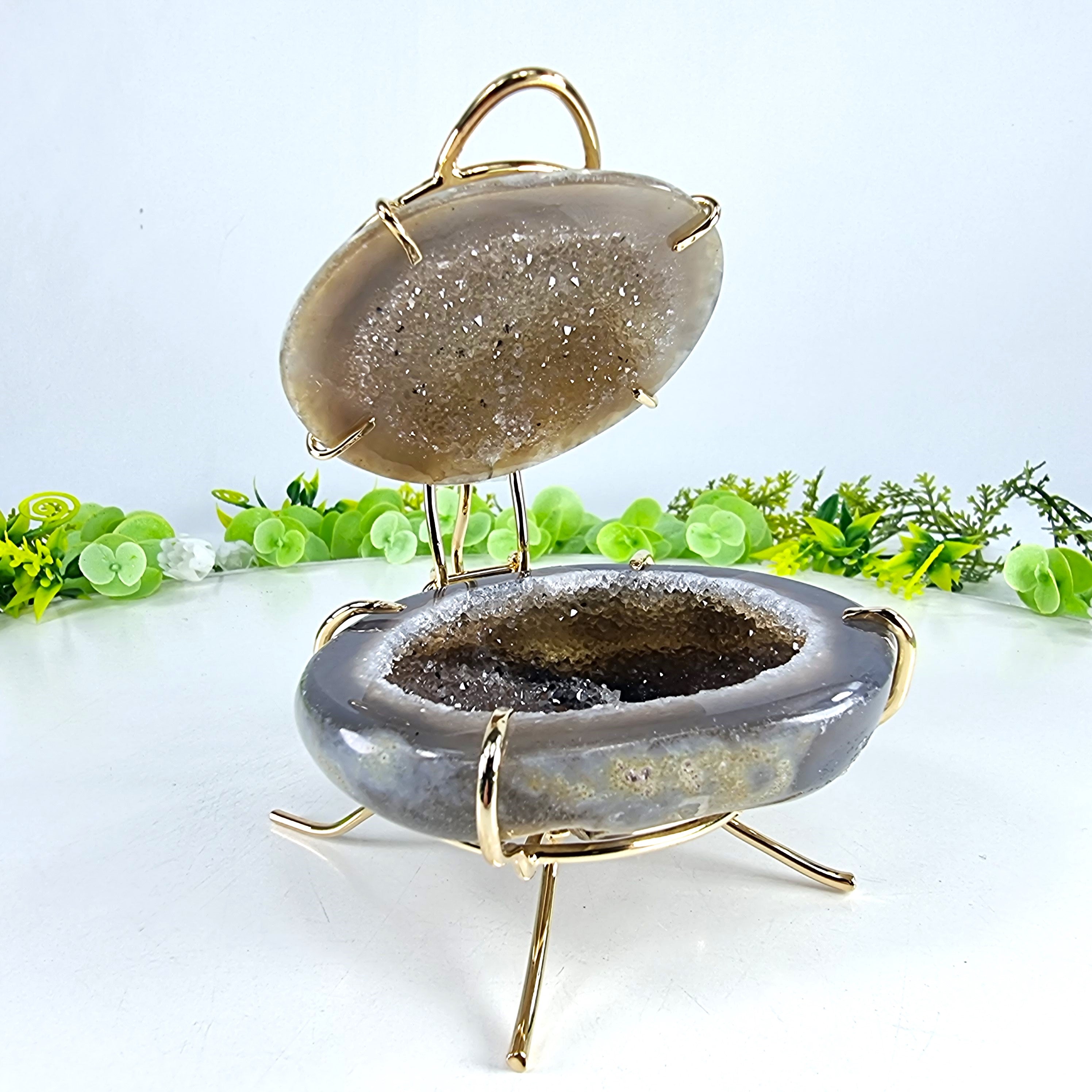 Polished Agate Geodes Jewelry Holder with Crystals One Piece