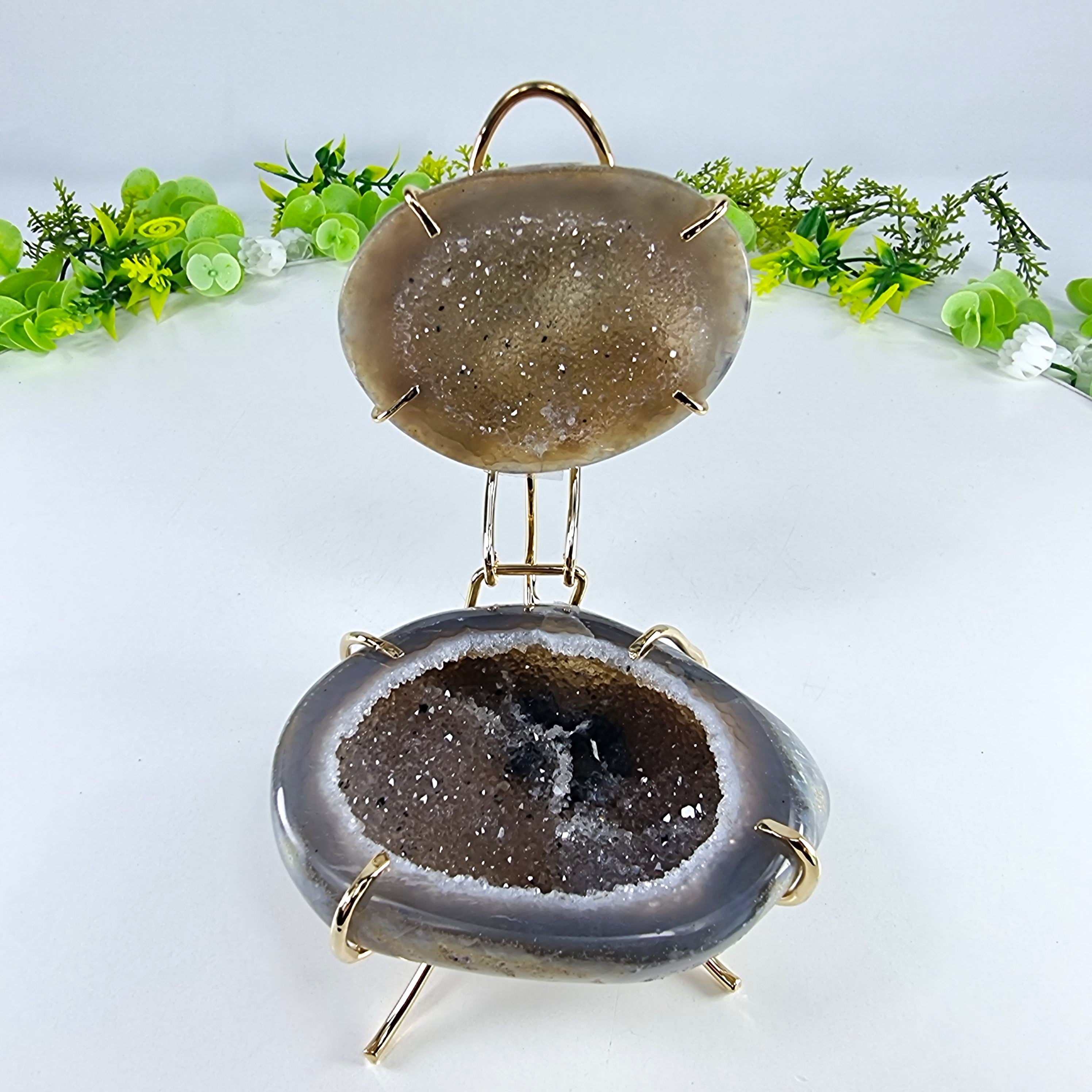 Polished Agate Geodes Jewelry Holder with Crystals One Piece