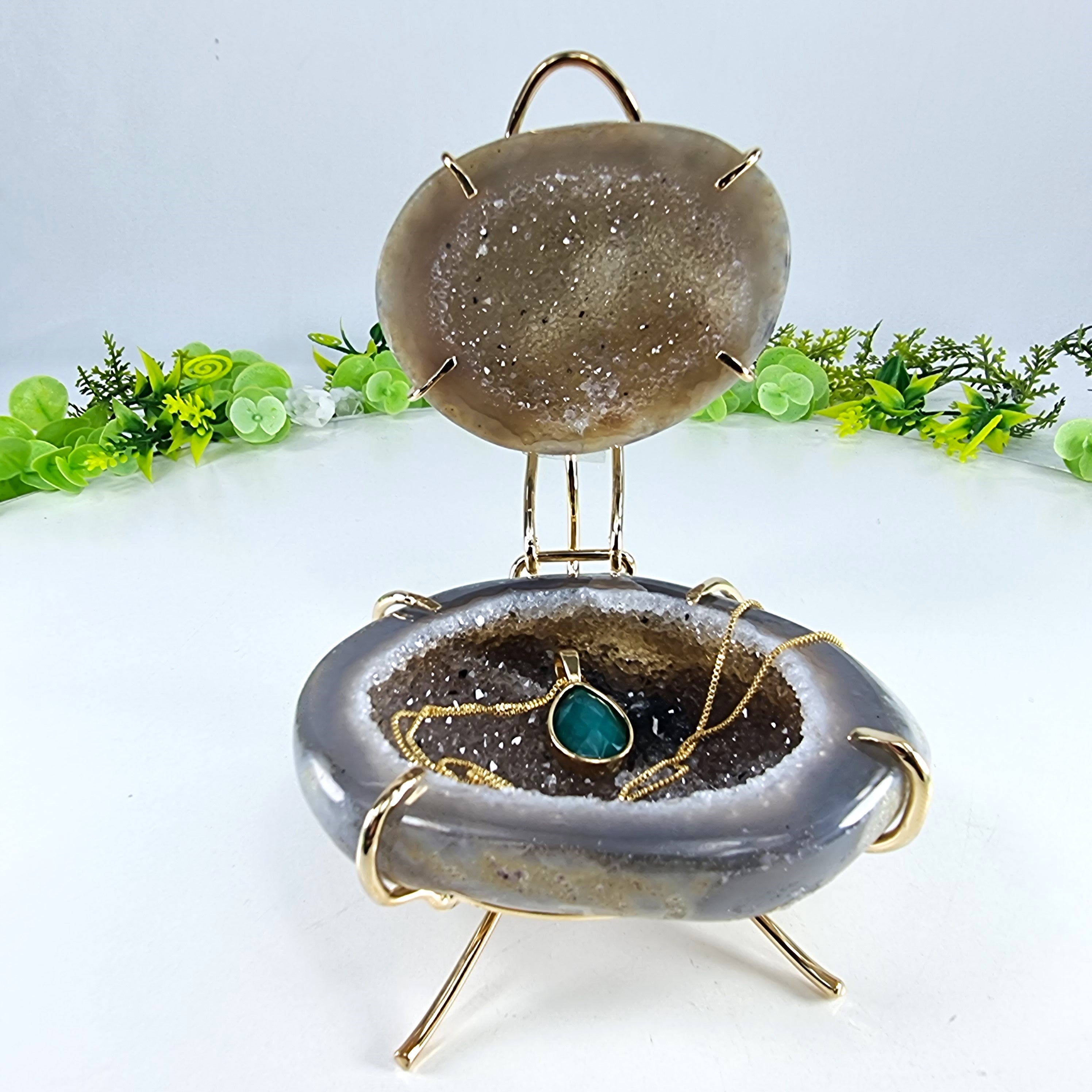 Polished Agate Geodes Jewelry Holder with Crystals One Piece
