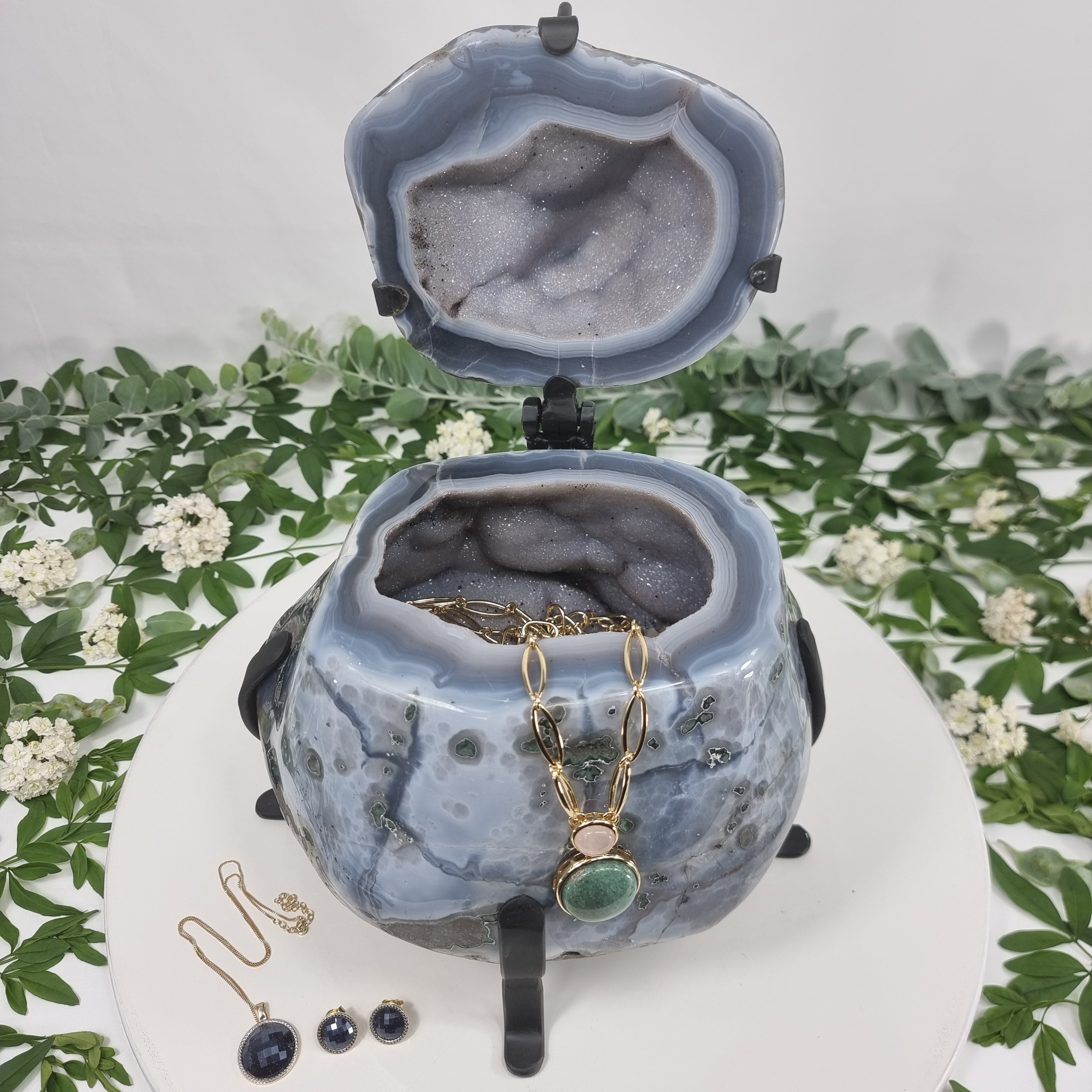 Polished Agate Geodes Jewelry Holder with Crystals One Piece