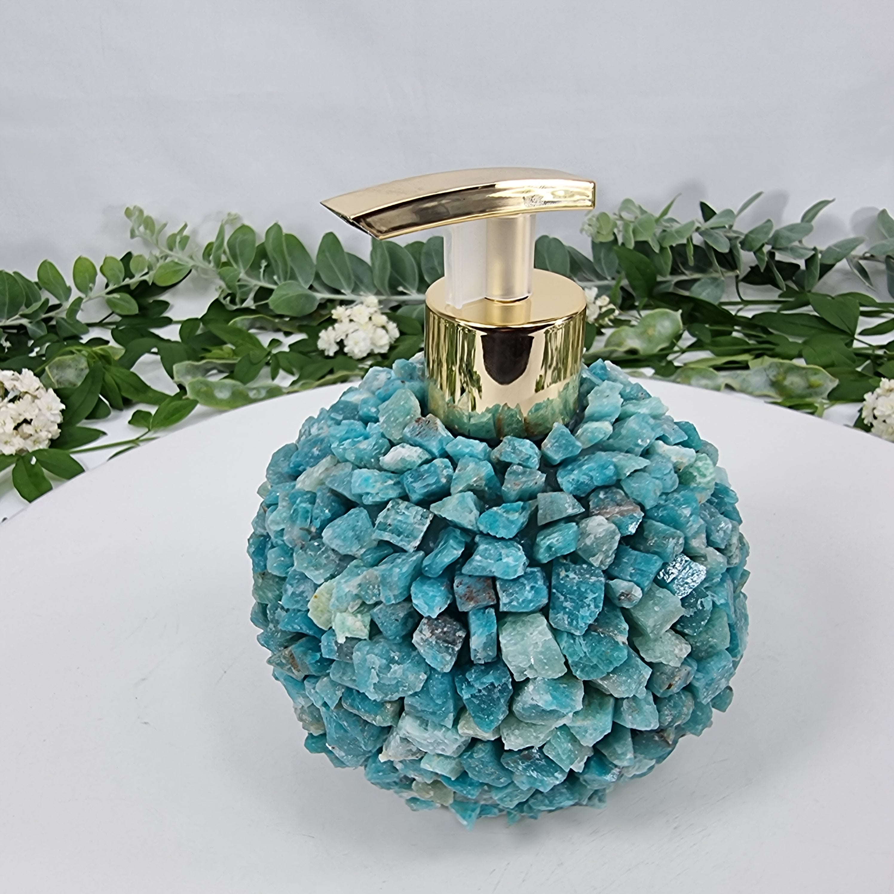 Jabonera de Amazonita Natural | Calidad Extra altura 15 cm | Boquilla Dorada y Plateada | Energía, Belleza y Sofisticación