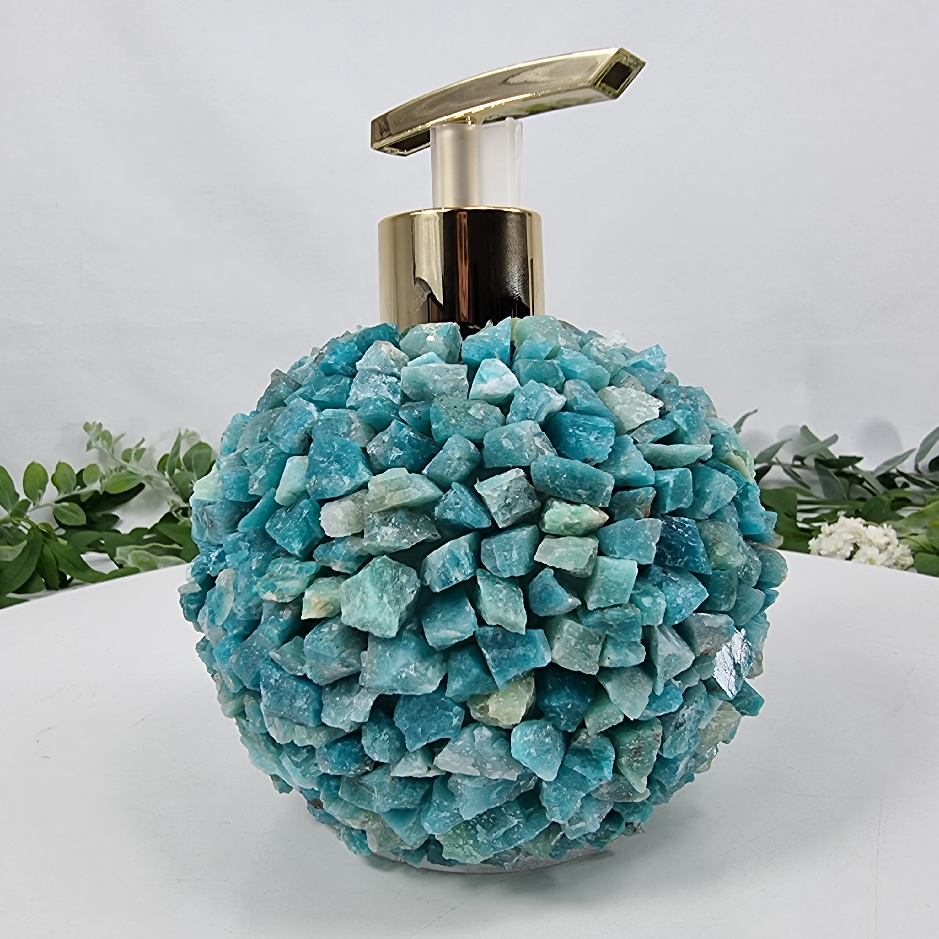 Jabonera de Amazonita Natural | Calidad Extra altura 15 cm | Boquilla Dorada y Plateada | Energía, Belleza y Sofisticación