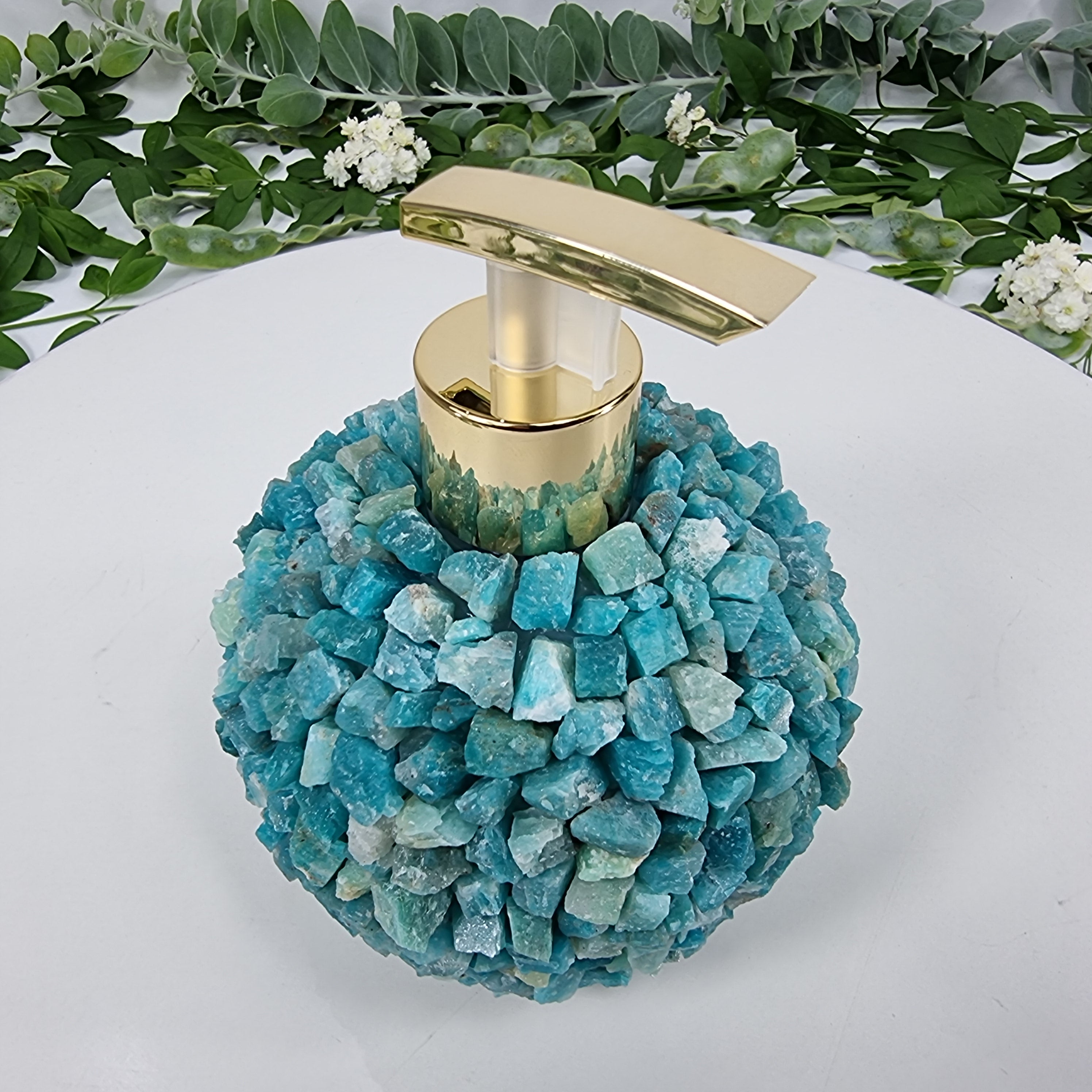 Jabonera de Amazonita Natural | Calidad Extra altura 15 cm | Boquilla Dorada y Plateada | Energía, Belleza y Sofisticación