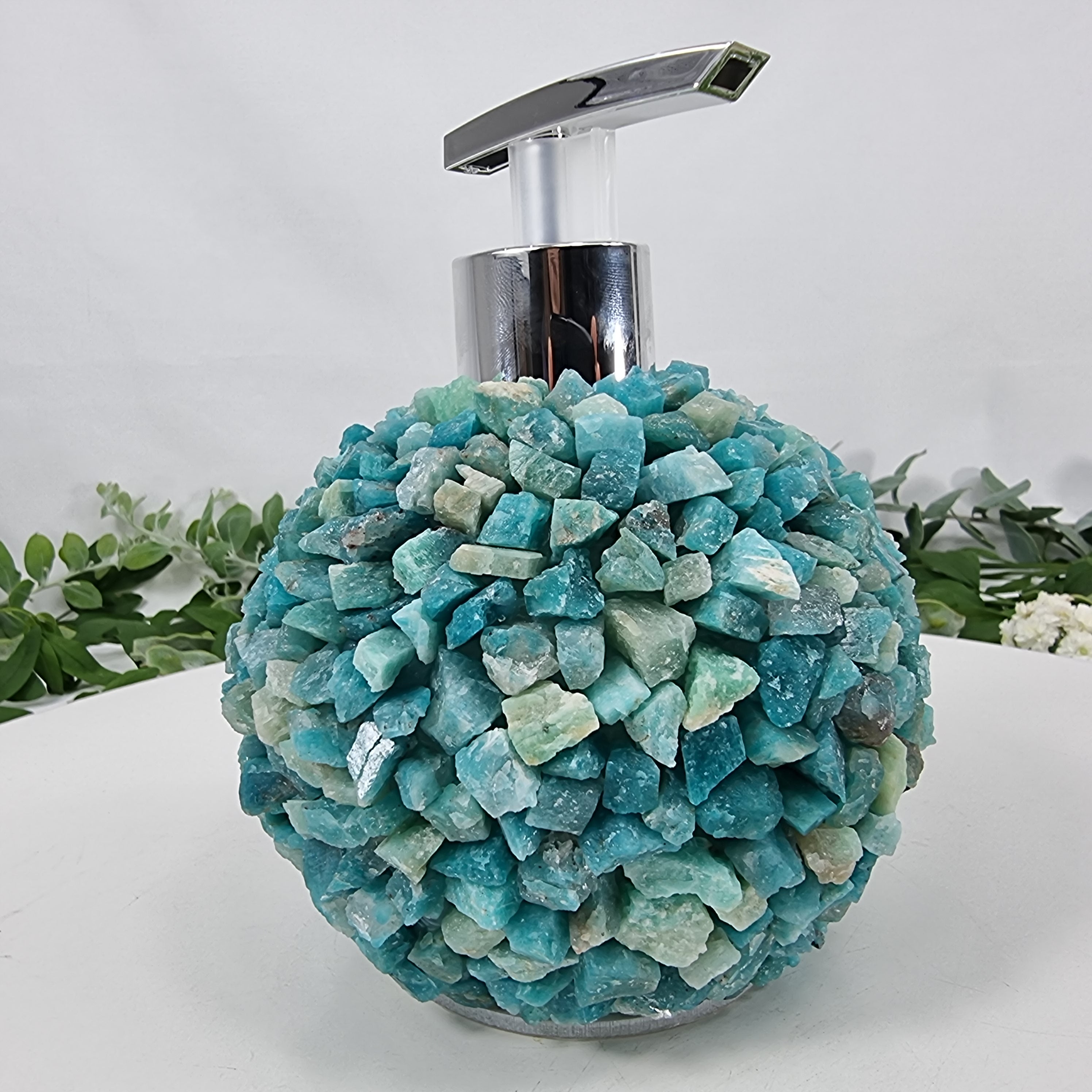 Jabonera de Amazonita Natural | Calidad Extra altura 15 cm | Boquilla Dorada y Plateada | Energía, Belleza y Sofisticación