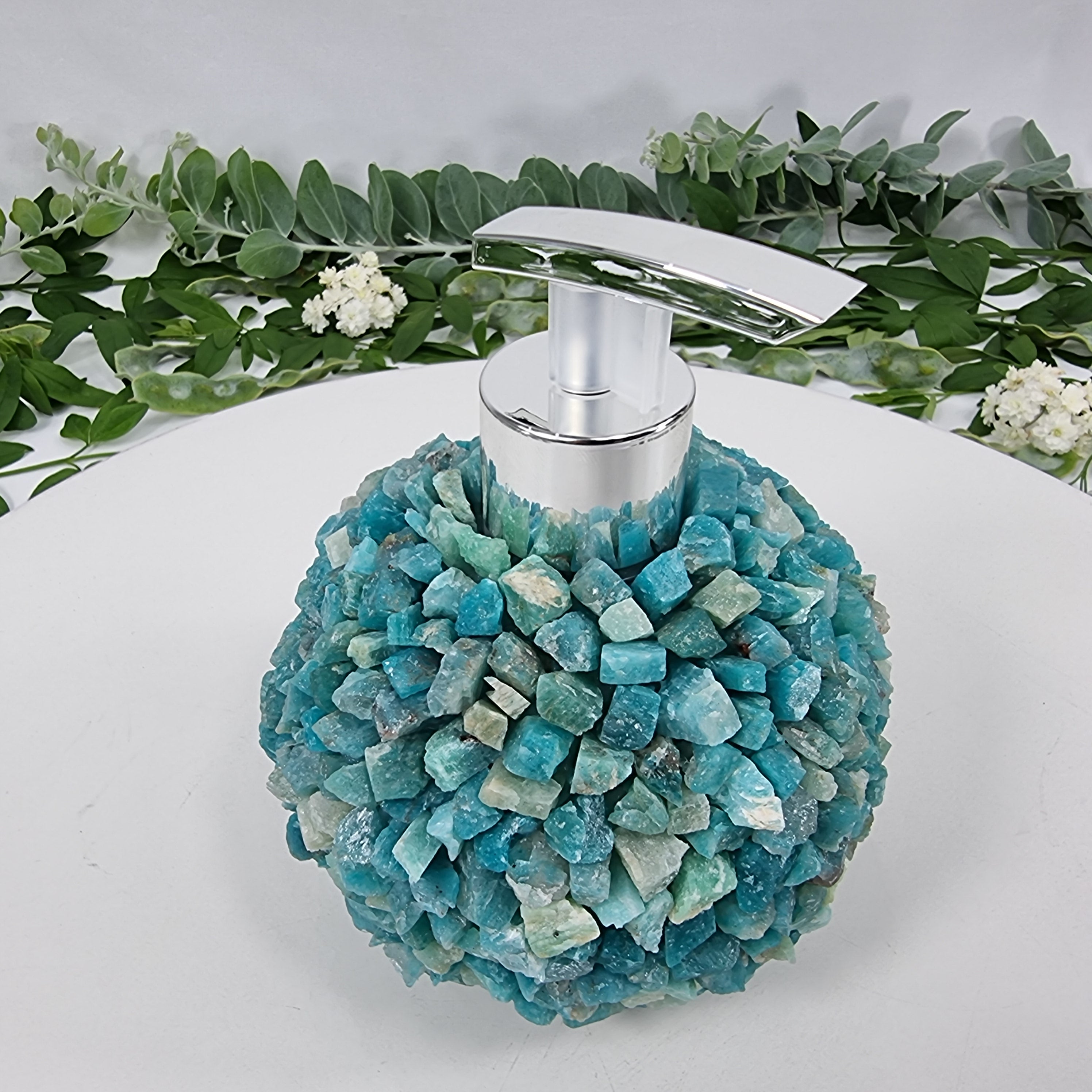 Jabonera de Amazonita Natural | Calidad Extra altura 15 cm | Boquilla Dorada y Plateada | Energía, Belleza y Sofisticación