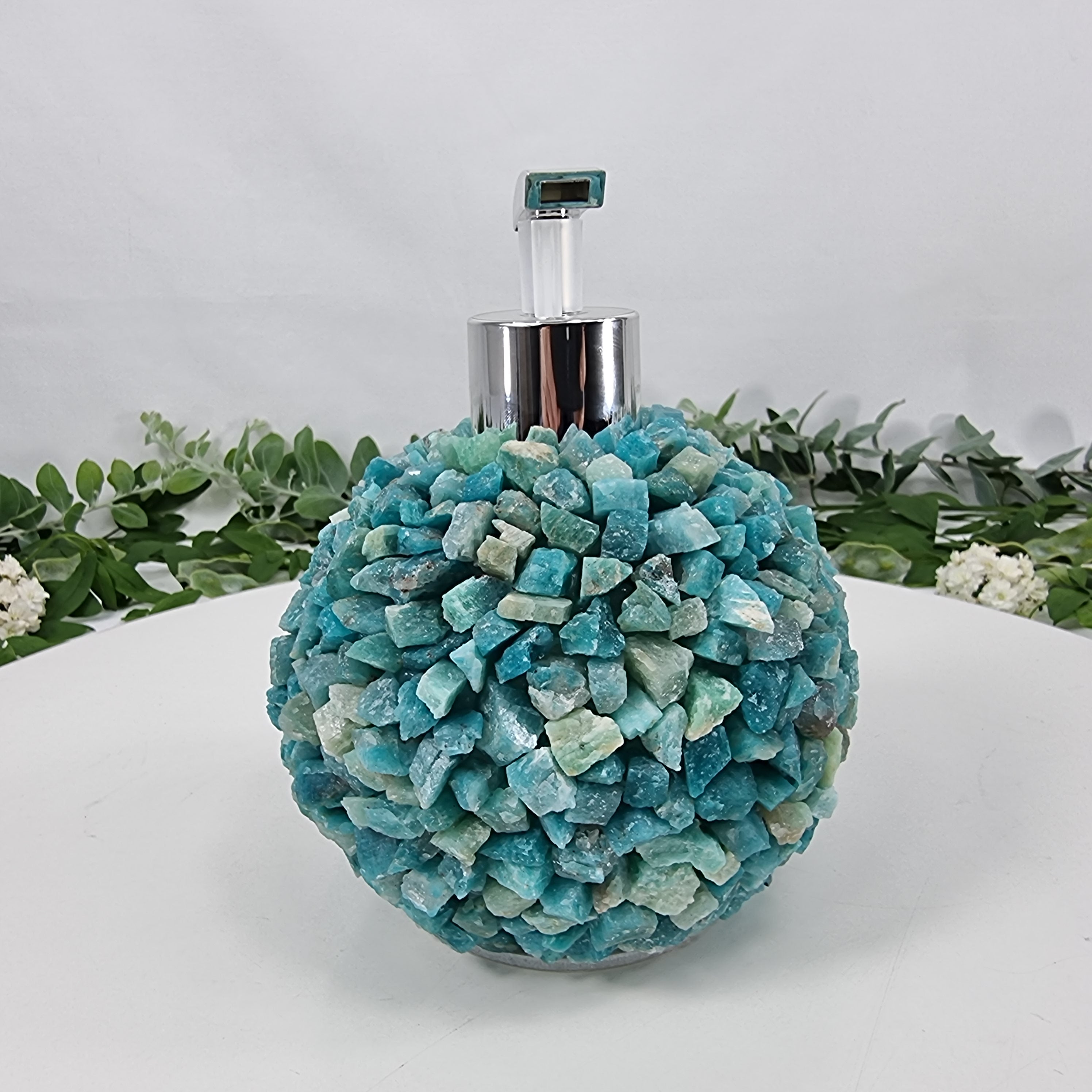 Jabonera de Amazonita Natural | Calidad Extra altura 15 cm | Boquilla Dorada y Plateada | Energía, Belleza y Sofisticación