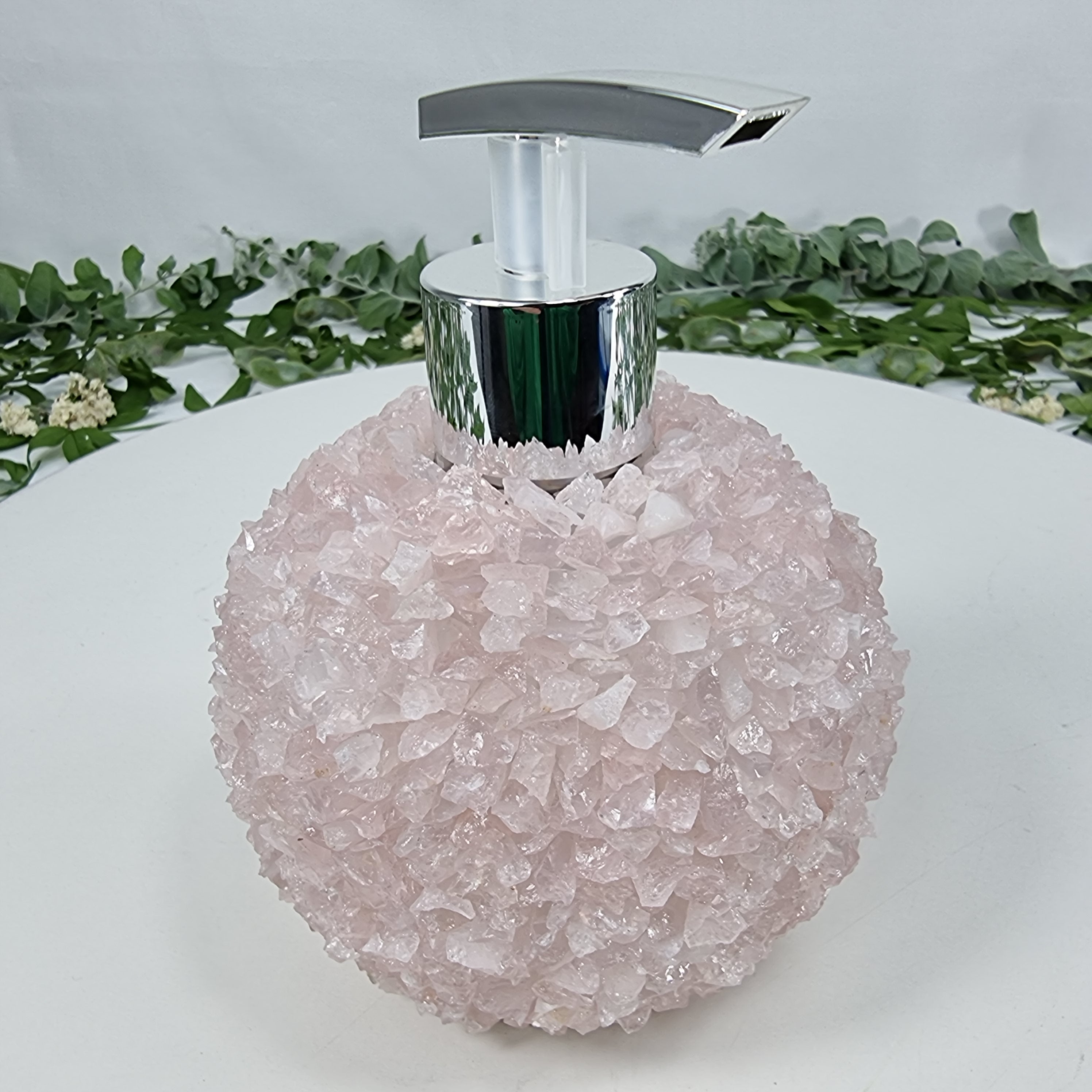 Jabonera de Cuarzo Rosa | Calidad Extra altura 15 cm | Boquilla Dorada y Plateada | Energía, Belleza y Sofisticación