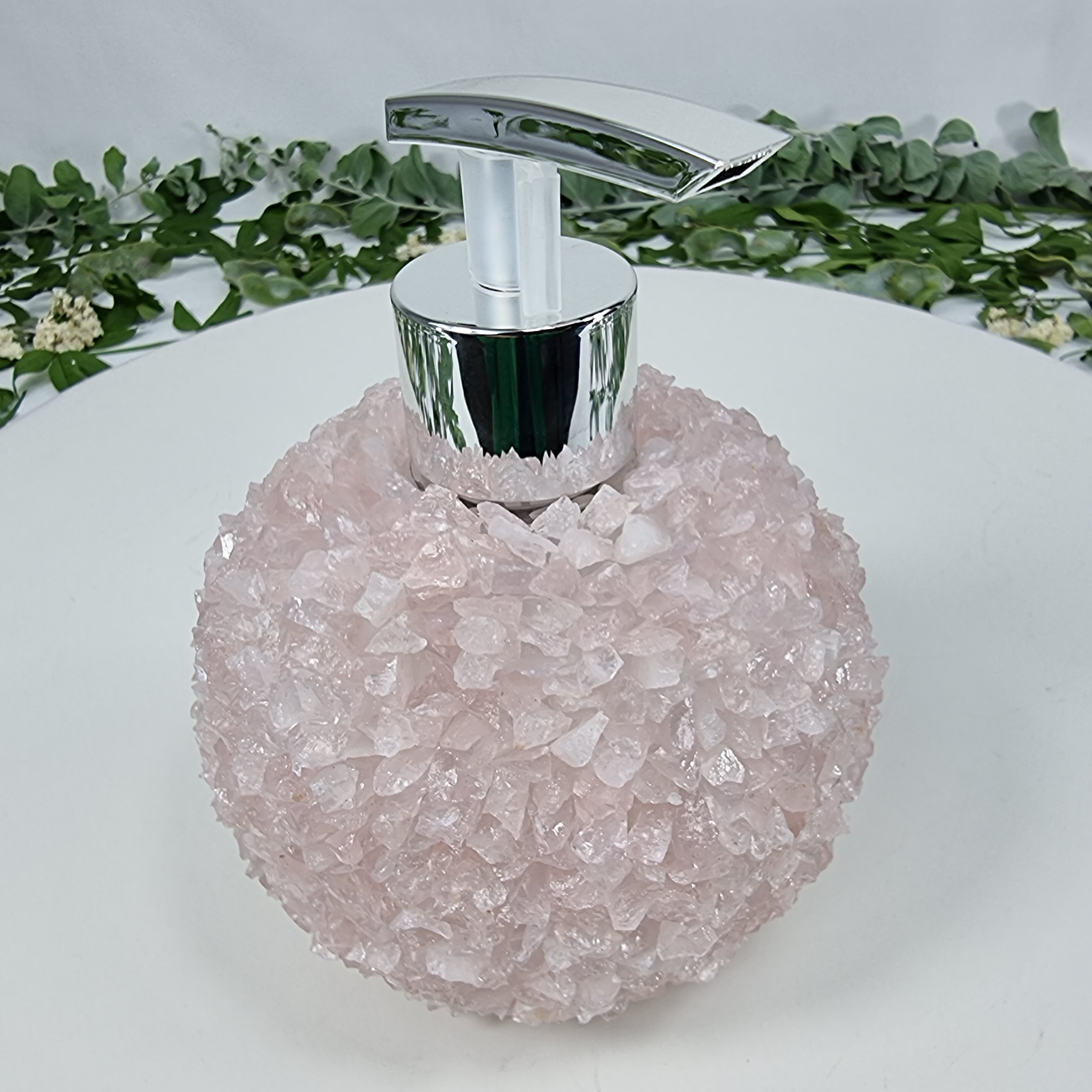 Jabonera de Cuarzo Rosa | Calidad Extra altura 15 cm | Boquilla Dorada y Plateada | Energía, Belleza y Sofisticación