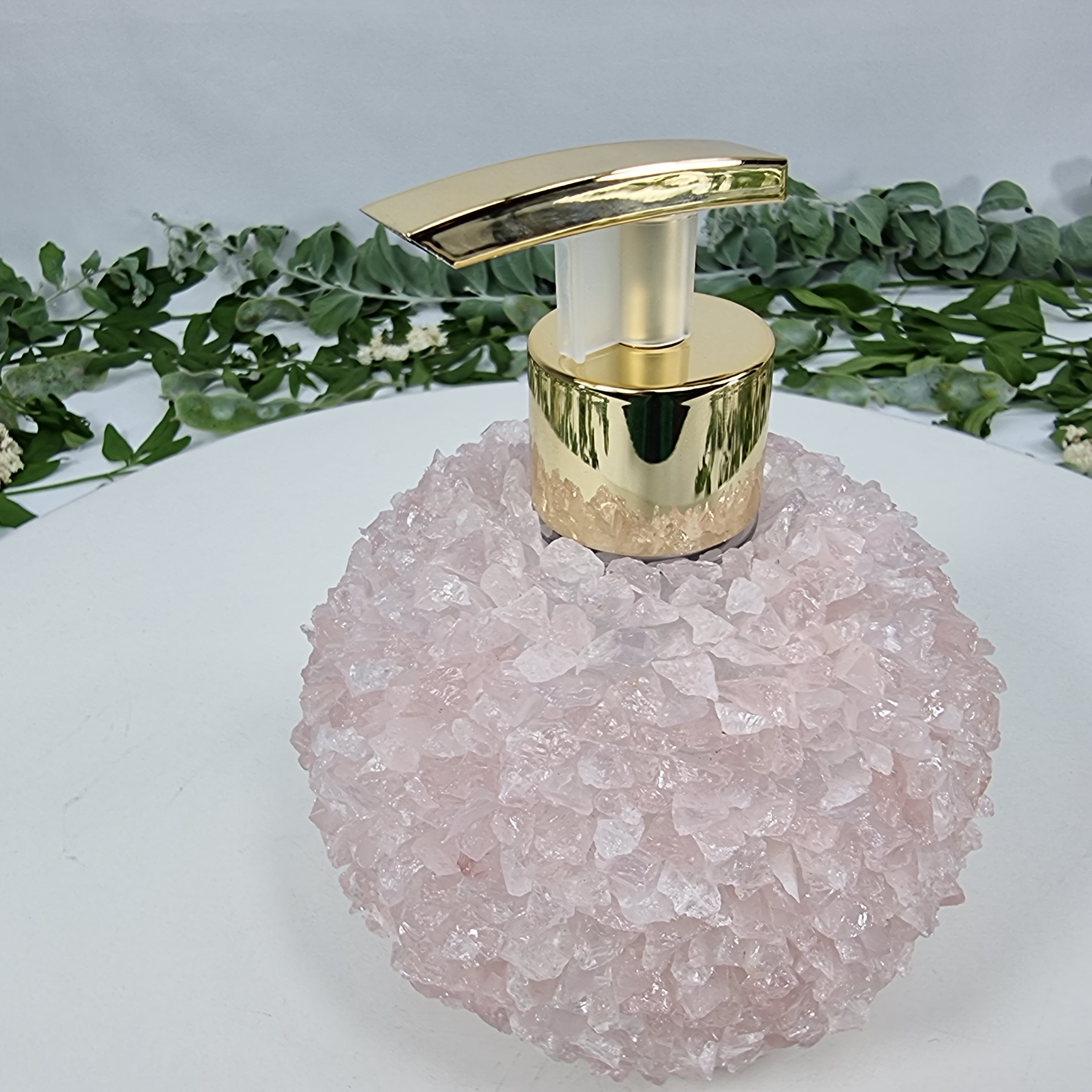 Jabonera de Cuarzo Rosa | Calidad Extra altura 15 cm | Boquilla Dorada y Plateada | Energía, Belleza y Sofisticación
