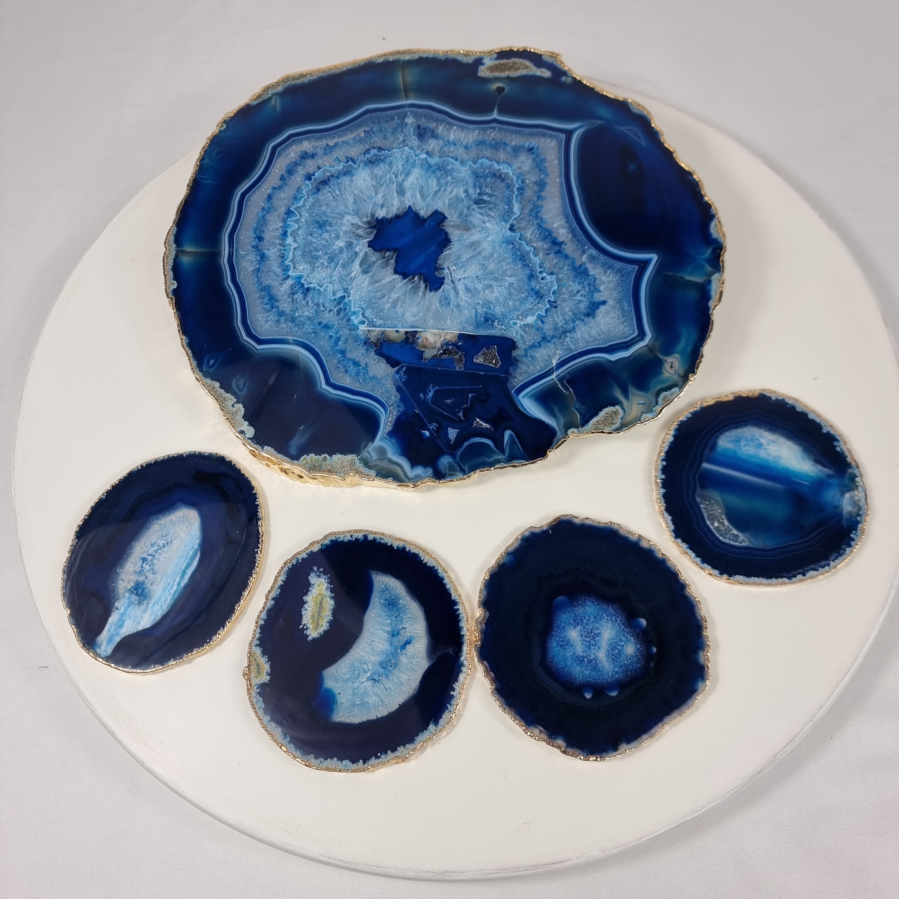 Bandeja con Posavasos de Ágatas AZULES Naturales | 5 Unidades | Tamaño 30 cm | Pieza Artesanal BR Crystals