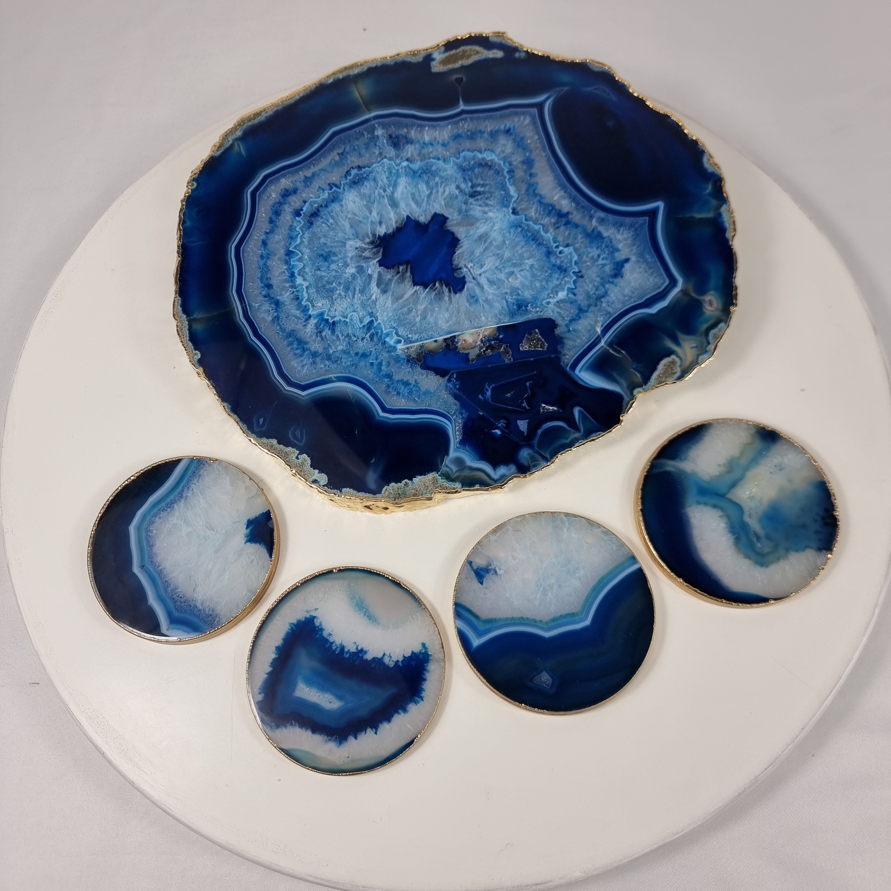 Bandeja con Posavasos de Ágatas AZULES Naturales | 5 Unidades | Tamaño 30 cm | Pieza Artesanal BR Crystals