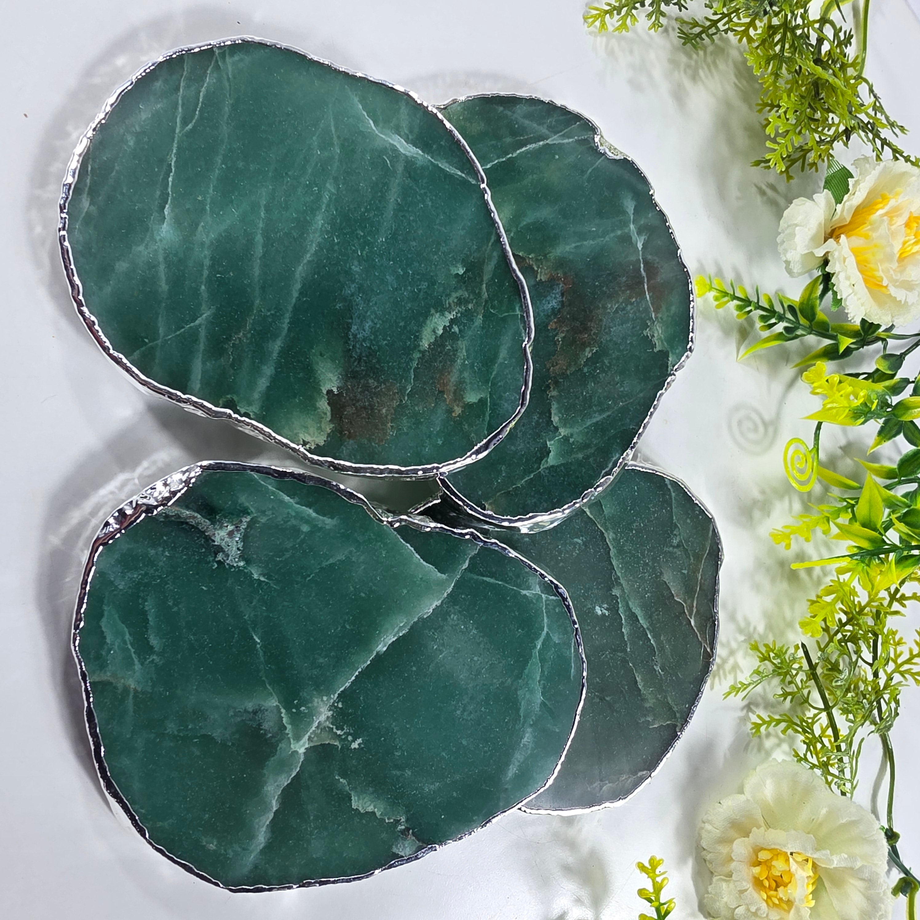 Posavasos de Cuarzo Verde BAÑO Plata | 4 unidades | Altura de 8 a 10 cm | Pieza Artesanal BR Crystals