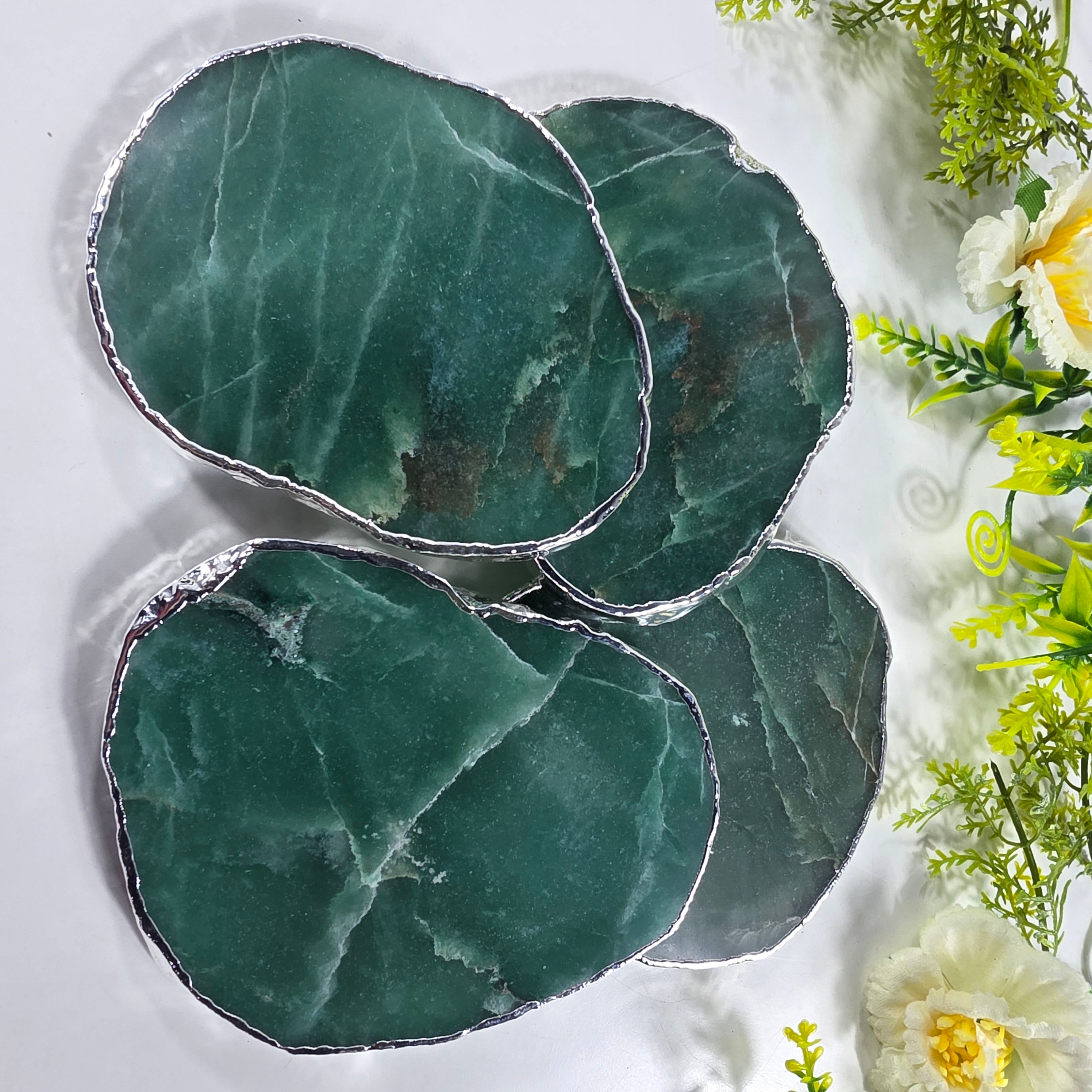 Posavasos de Cuarzo Verde BAÑO Plata | 4 unidades | Altura de 8 a 10 cm | Pieza Artesanal BR Crystals