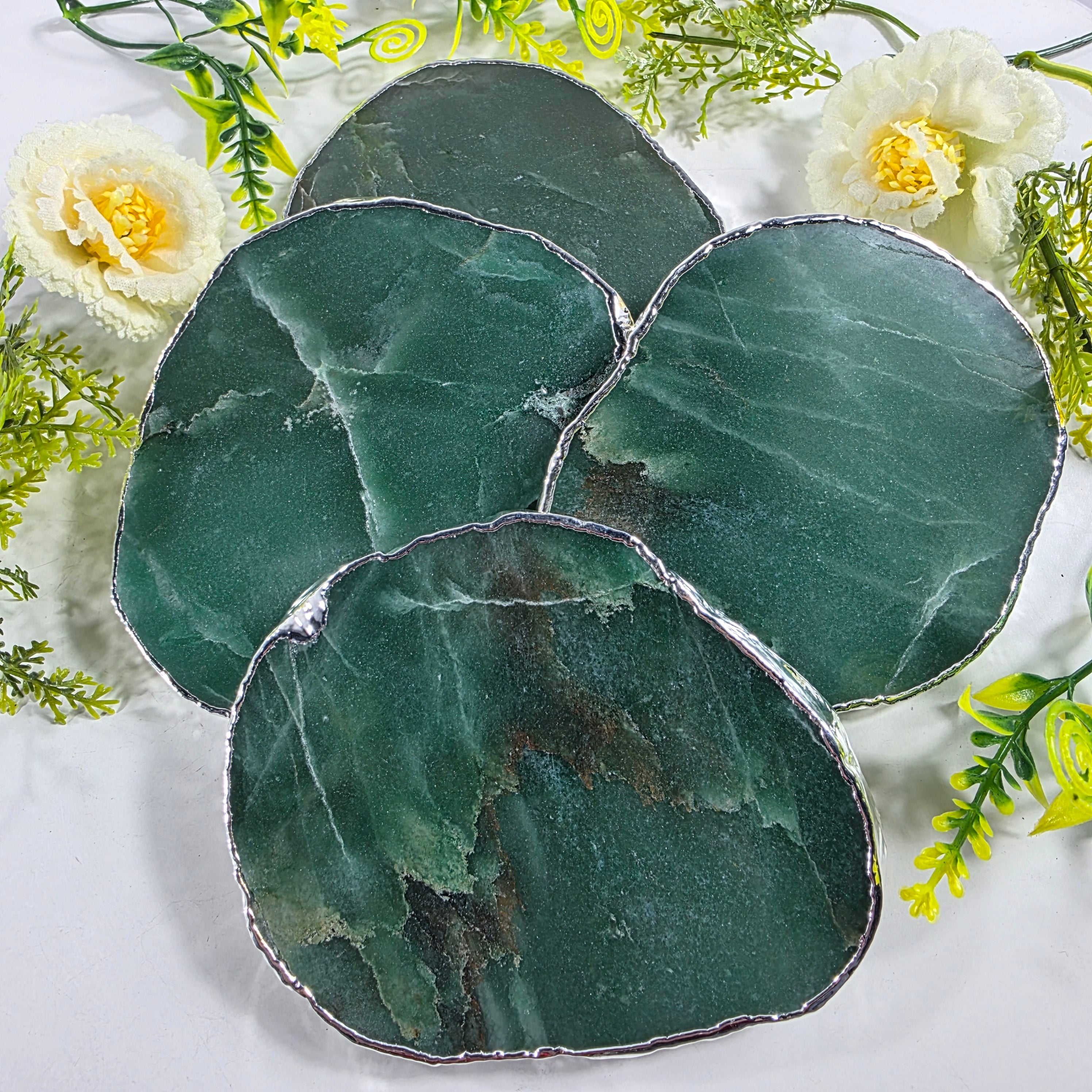 Posavasos de Cuarzo Verde BAÑO Plata | 4 unidades | Altura de 8 a 10 cm | Pieza Artesanal BR Crystals
