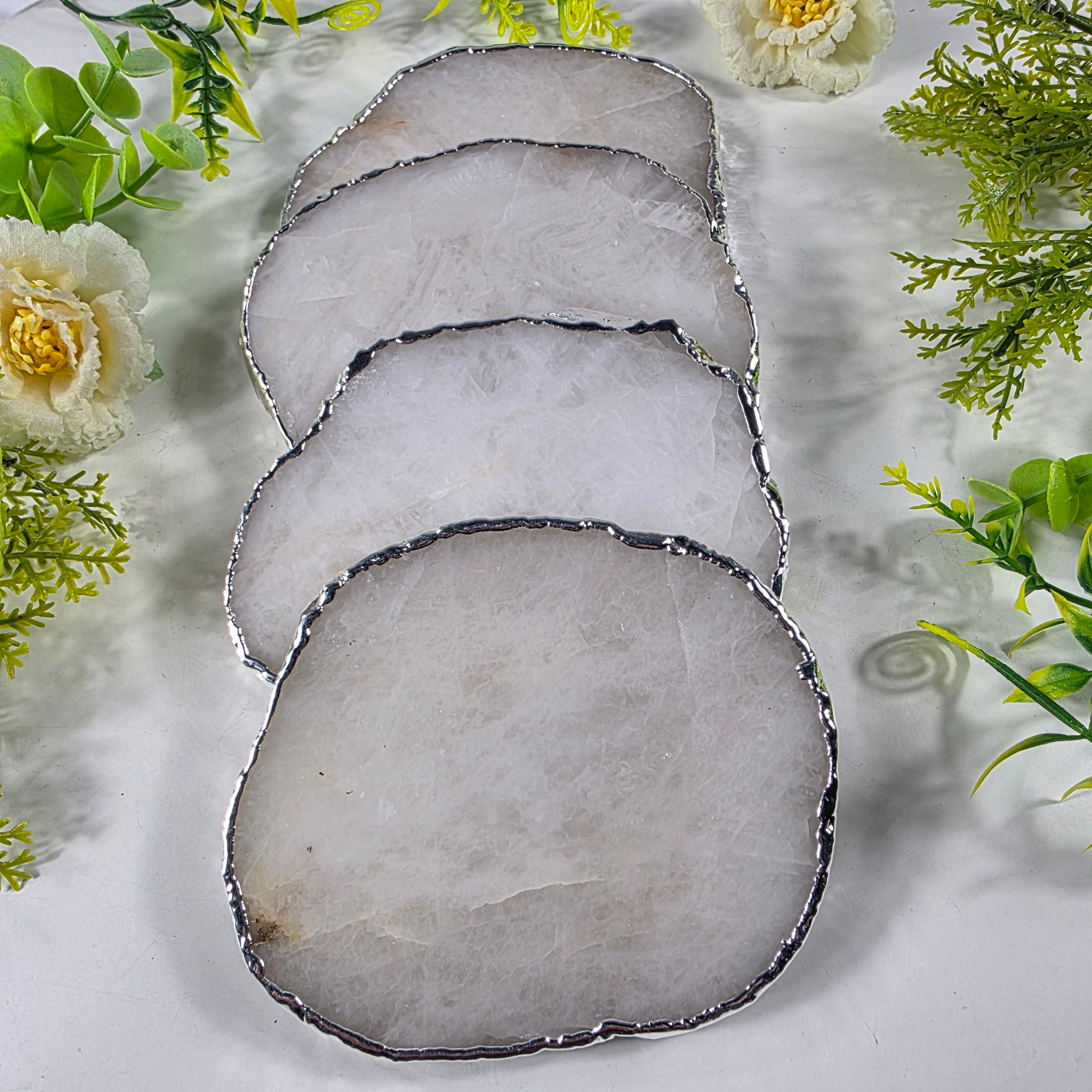 Posavasos de Cuarzo Rosa BAÑO Plata | 4 unidades | Altura de 8 a 10 cm | Pieza Artesanal BR Crystals