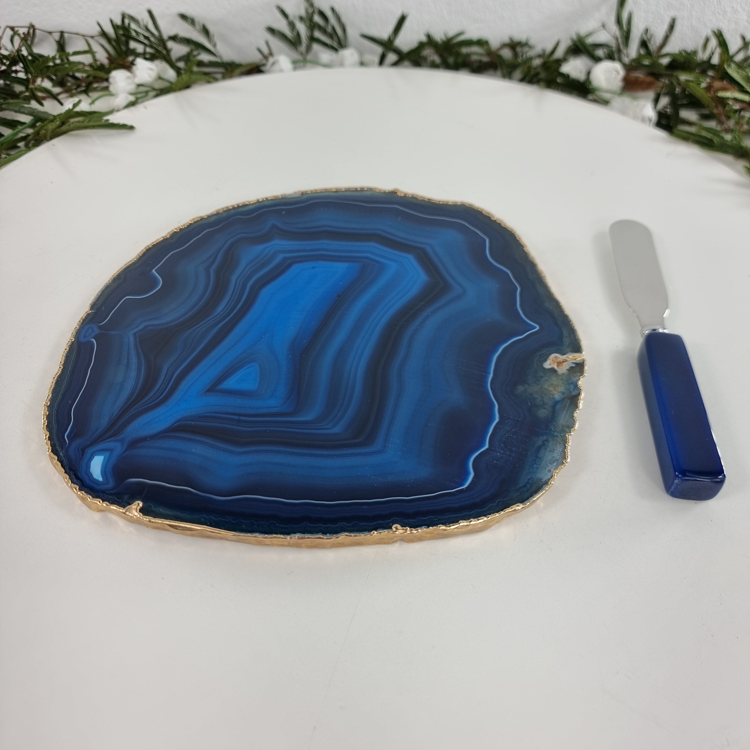 Agate Cold Cuts Tray WITH Spatula, Gold Plated | 1 Unit, Size 18 to 20 cm | BR Crystals Handmade Piece
