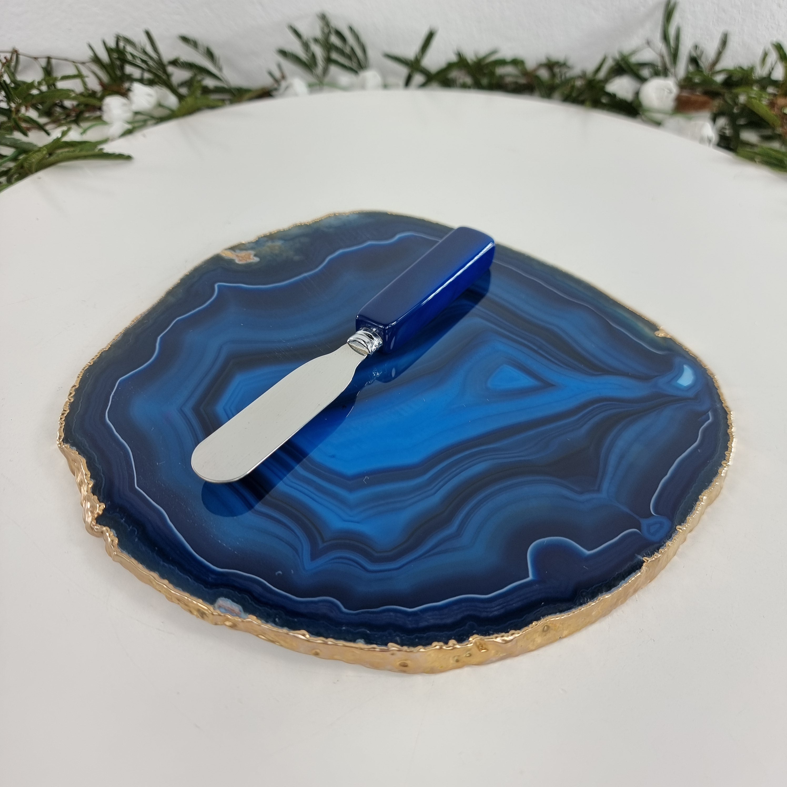 Agate Cold Cuts Tray WITH Spatula, Gold Plated | 1 Unit, Size 18 to 20 cm | BR Crystals Handmade Piece