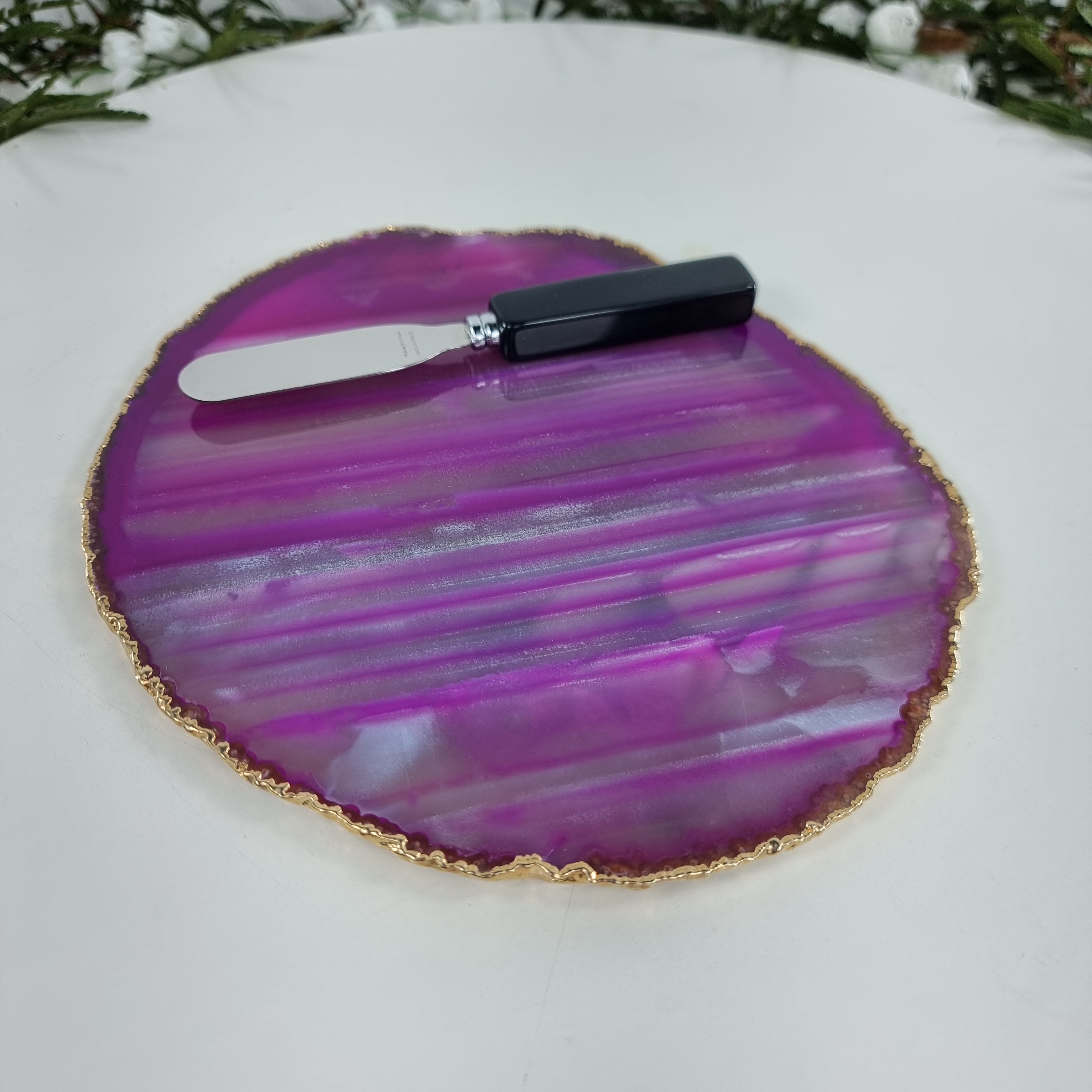 Agate Cold Cuts Tray WITH Spatula, Gold Plated | 1 Unit, Size 18 to 20 cm | BR Crystals Handmade Piece