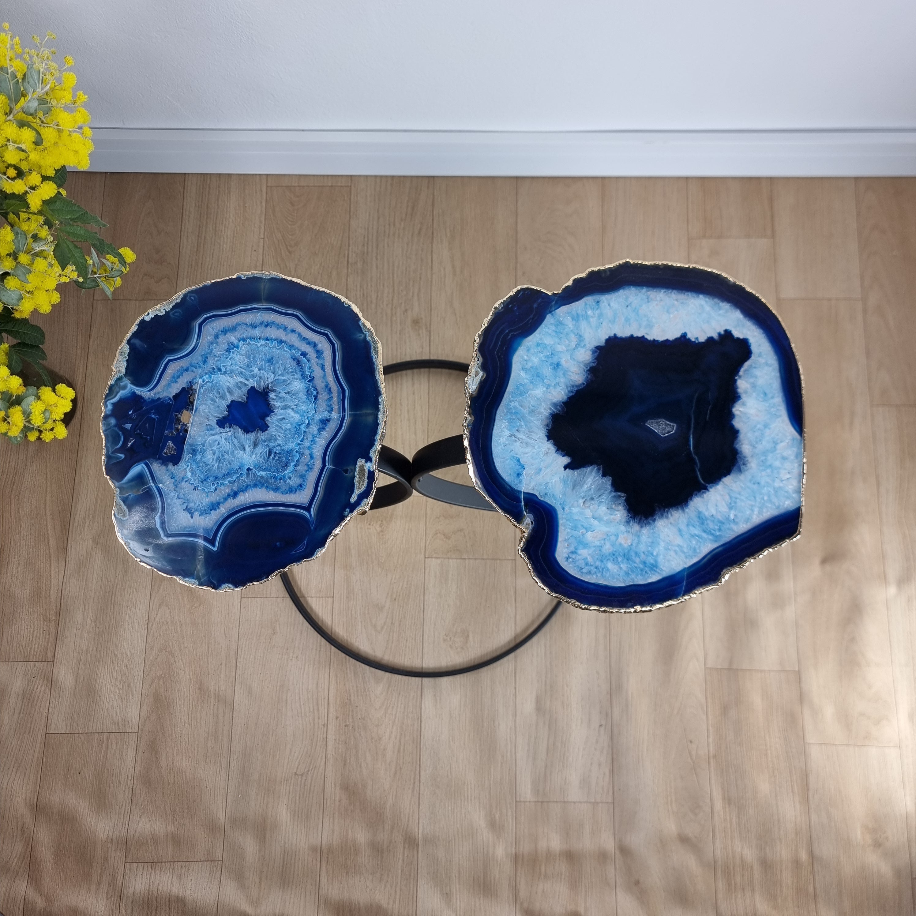 Agate Side Tables (PAIR) with Plating | Black Iron Base | 50 cm Height - BR Crystals Handmade Piece