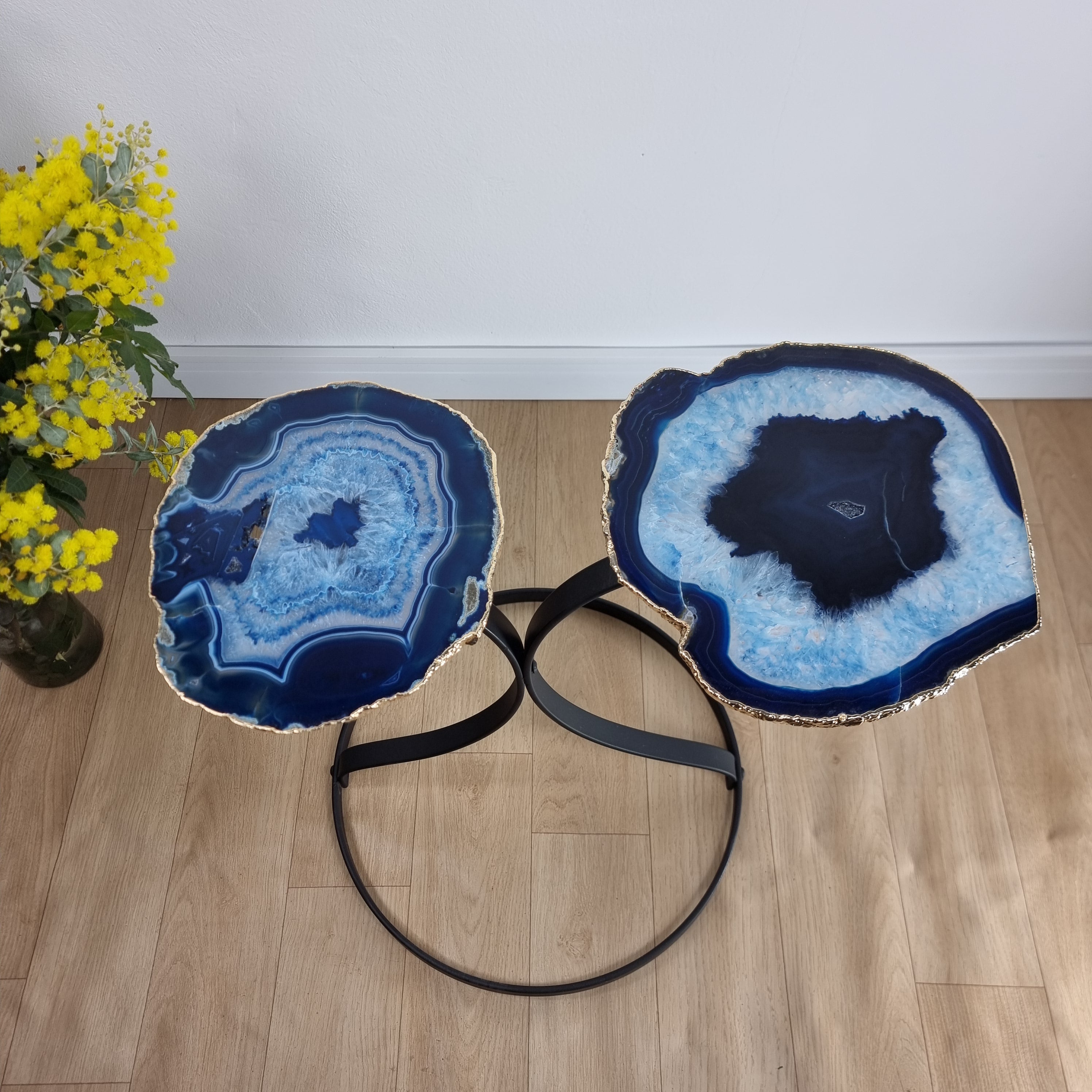 Agate Side Tables (PAIR) with Plating | Black Iron Base | 50 cm Height - BR Crystals Handmade Piece