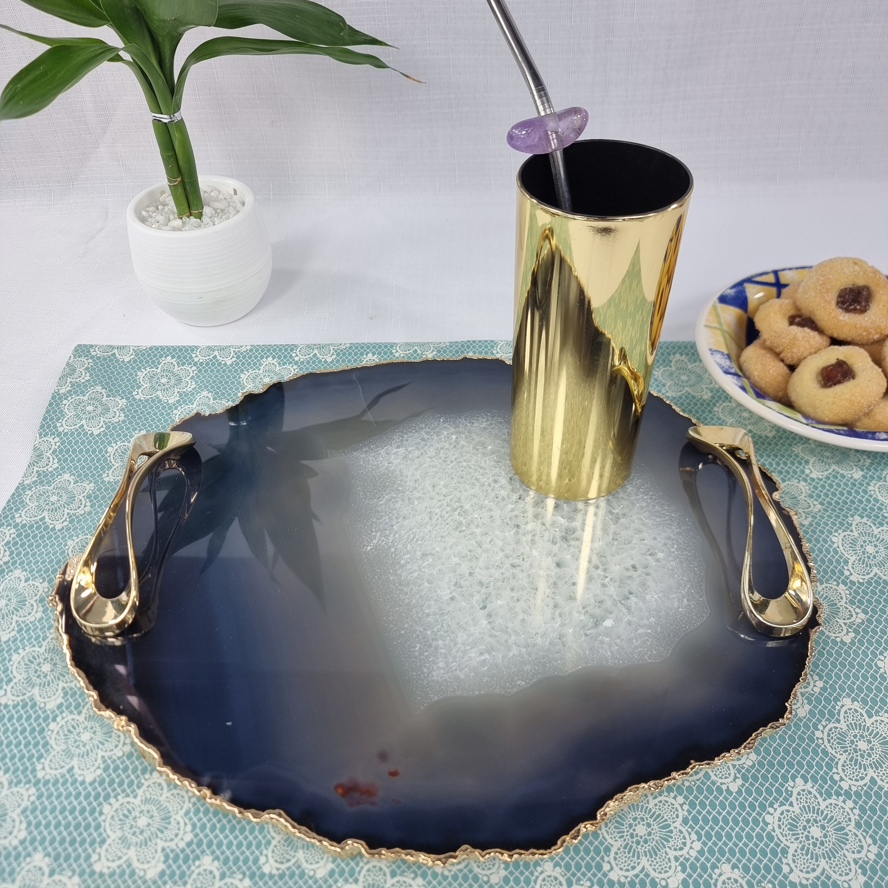 Natural Agate Trays with Handles | 1 Unit Gold Plated | Size 30 cm | BR Crystals Handmade Piece