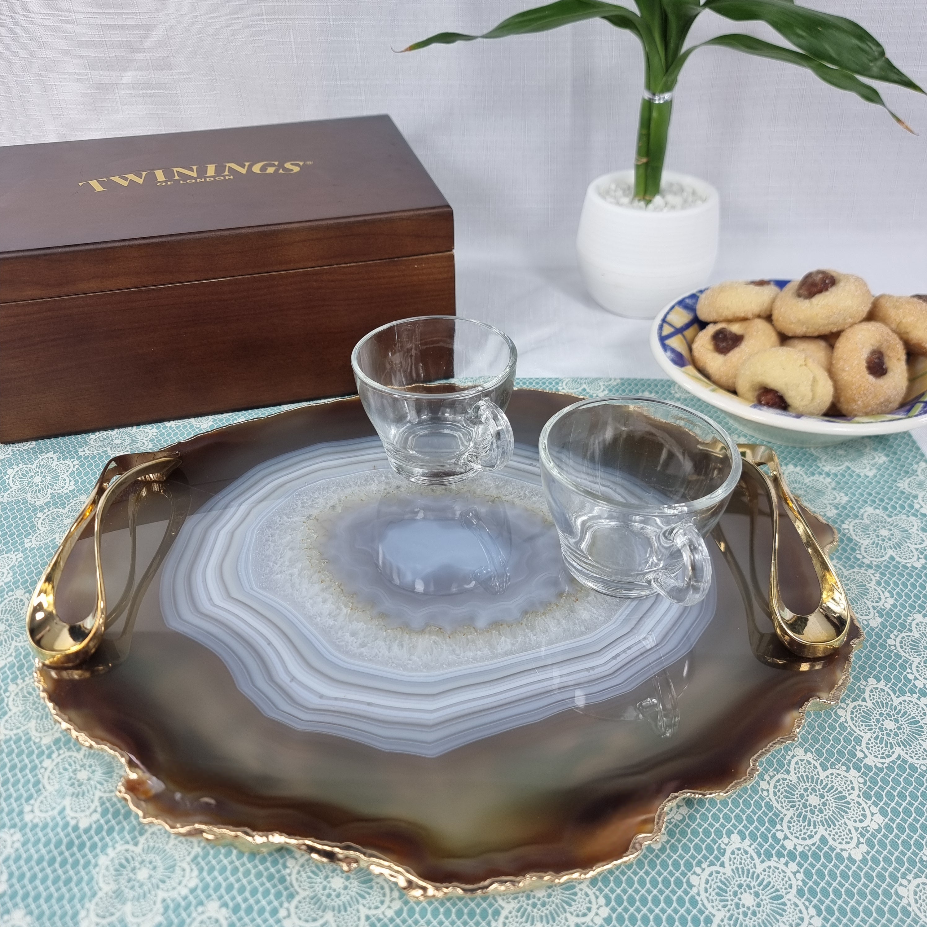 Natural Agate Trays with Handles | 1 Unit Gold Plated | Size 30 cm | BR Crystals Handmade Piece
