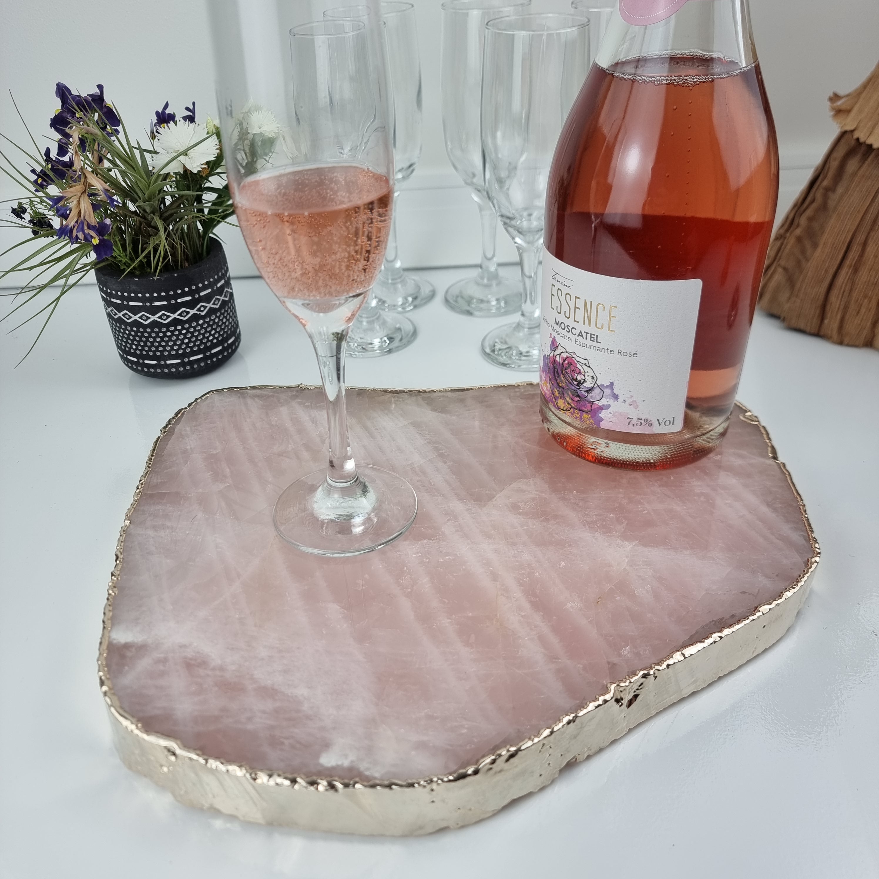 Bandeja de QUARTZO ROSA Bordas Douradas | 1 Unidade | Tamanho 30 cm | Peça Artesanal BR Crystals