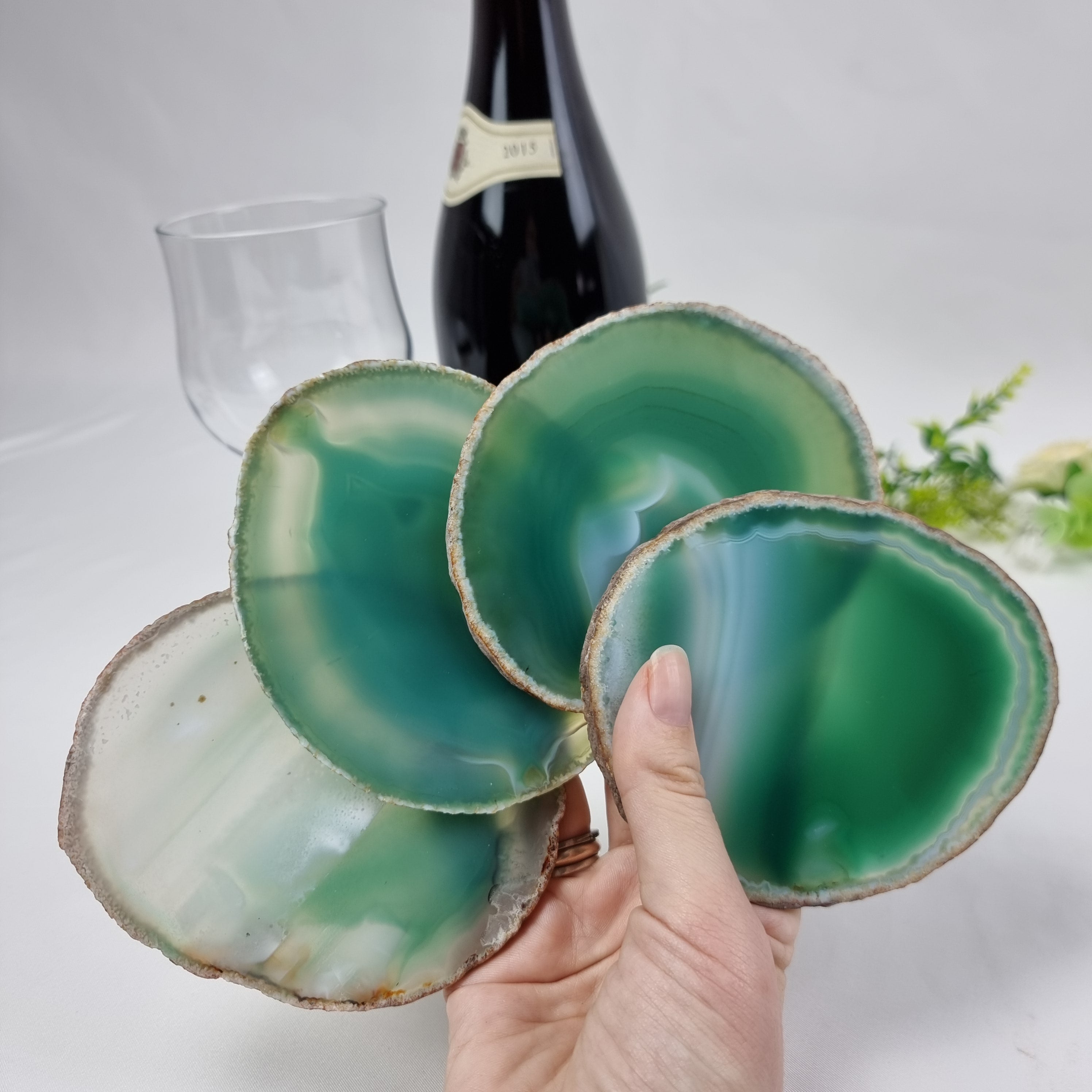 Green Agate Coasters, size 3.5" to 4.5" each, 4-piece set