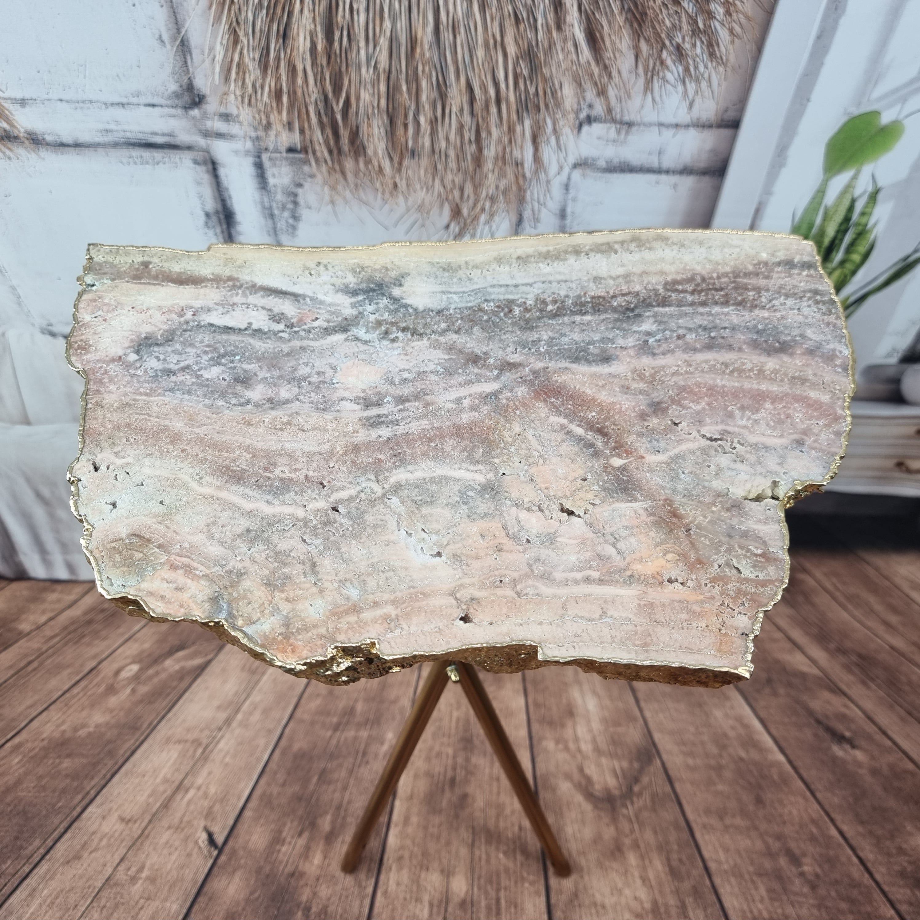 Pink Amethyst Side Table with golden base 60 cm high, total weight 5 kg