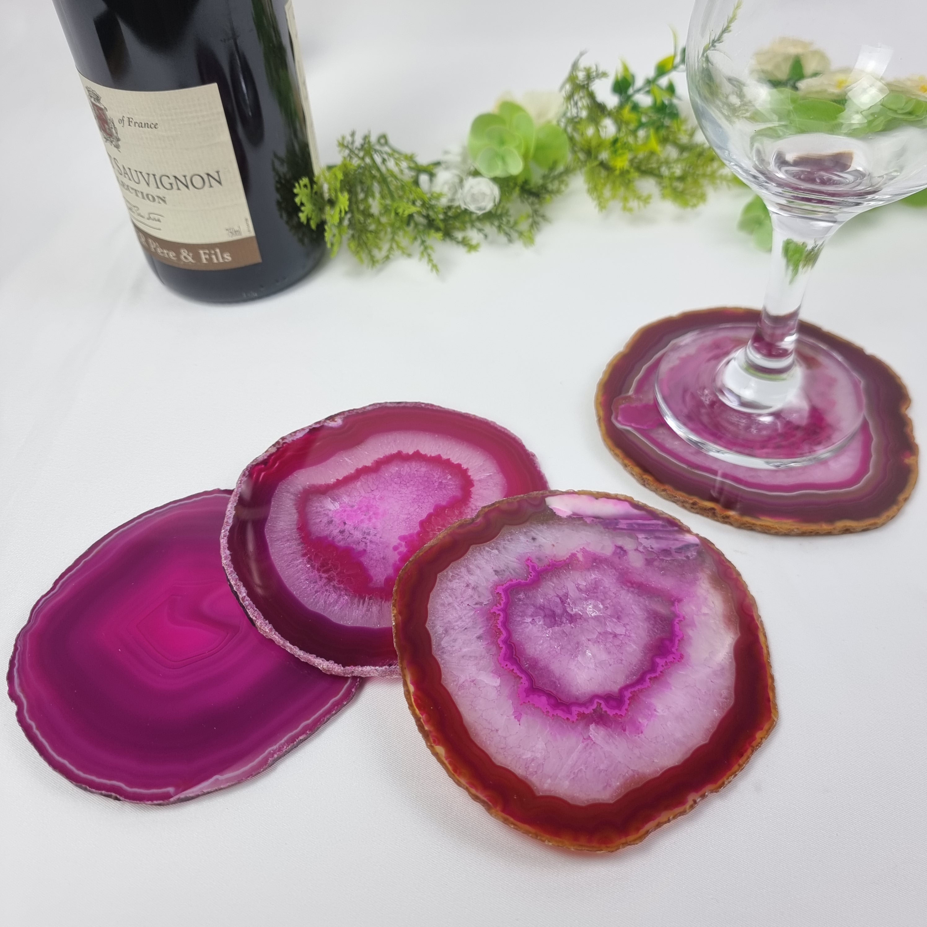 Pink Agate Coasters, size 3.5" to 4.5" each, 4-piece set