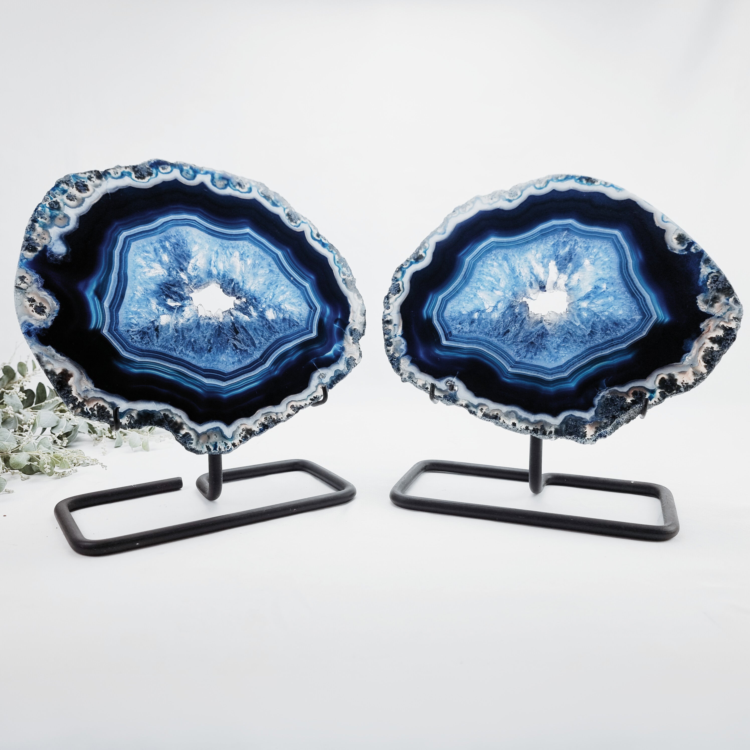 Blue Agate Slabs on Metal Stand - Set of 2