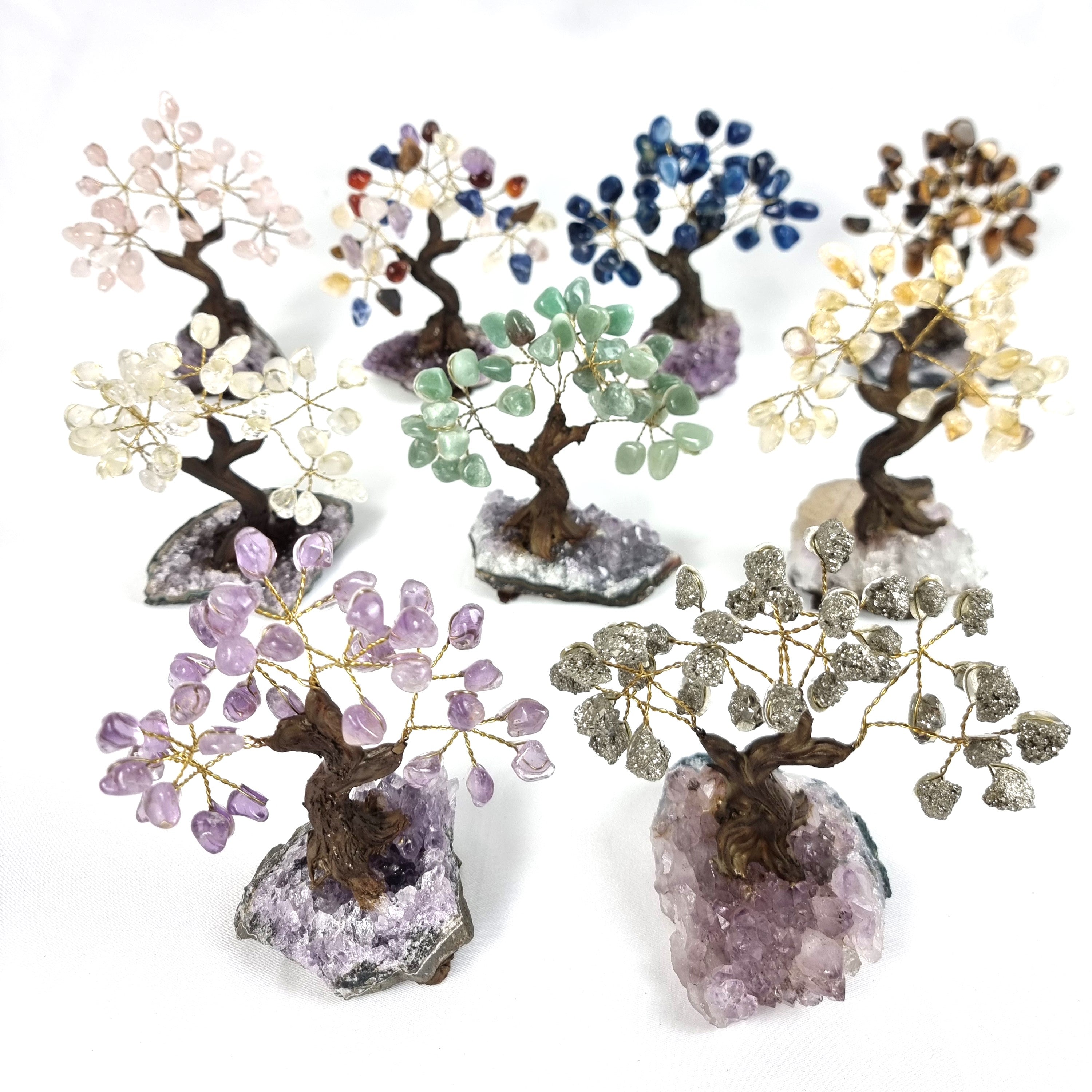 5" Tall Handmade Gemstone Amethyst Tree on a Amethyst Cluster base, 35 Total Gems Model, 9 Gem Options