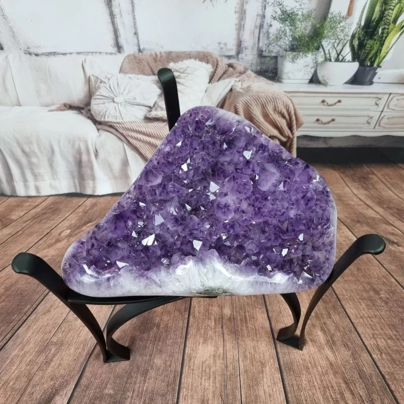 Amethyst Geode Side Table with Metal Legs - Purple Crystal Table