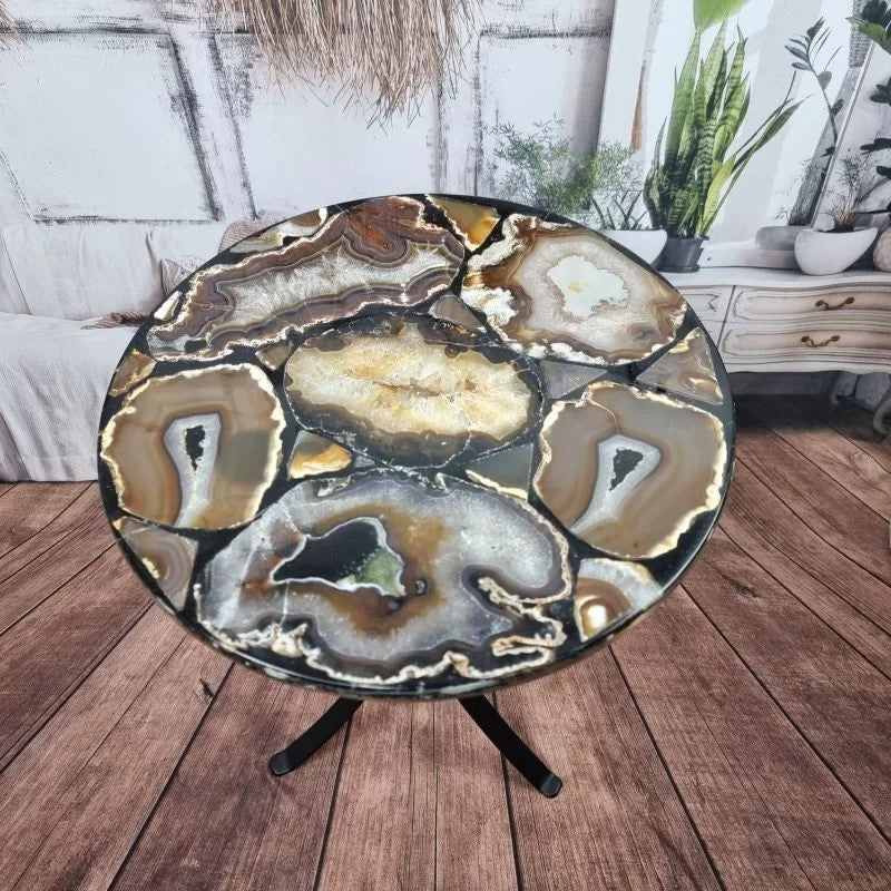 Round Agate Side Table - Agate slabs side table with black legs - Natural Agate side table