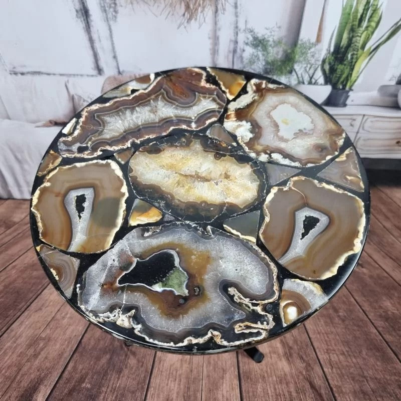 Round Agate Side Table - Agate slabs side table with black legs - Natural Agate side table