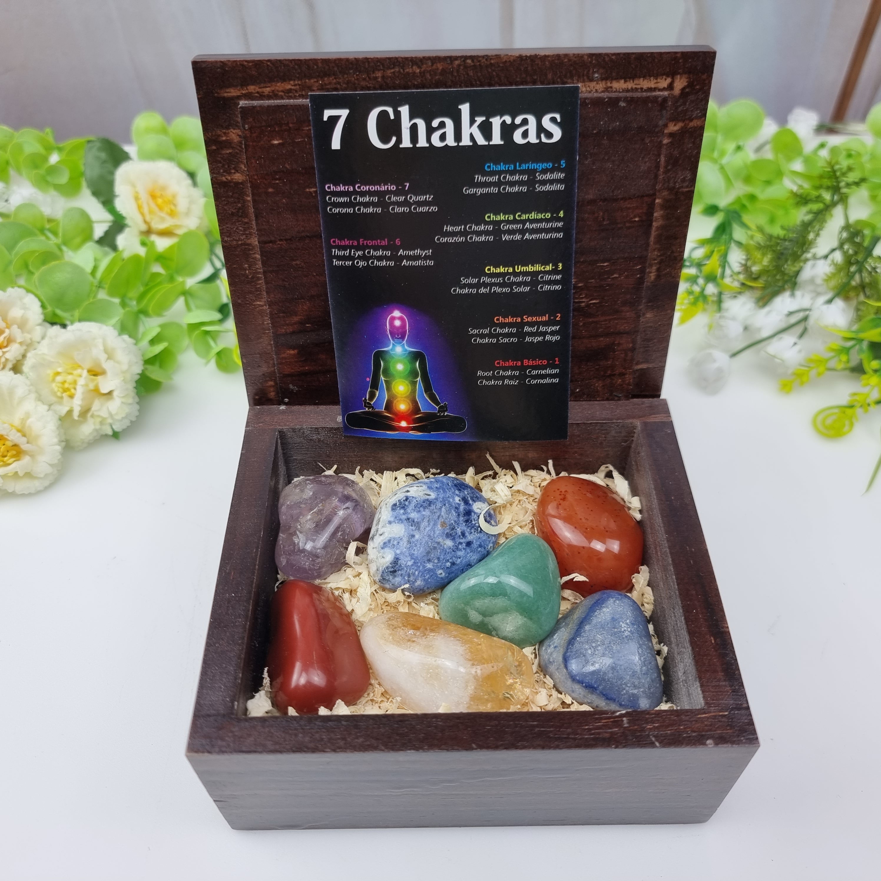 7 Chakras Box of Polished Therapeutic Stones wooden packaging 1 Pc