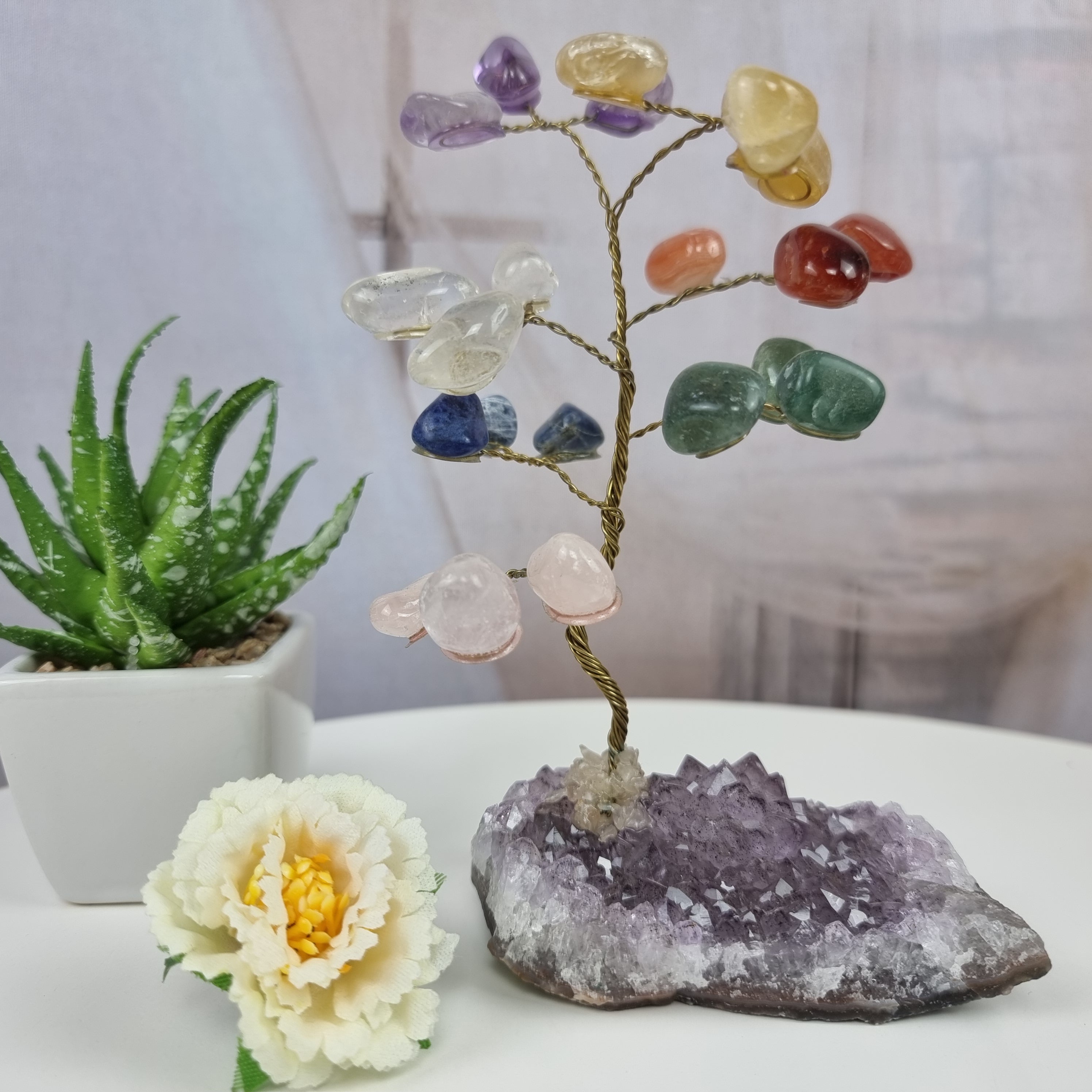 Árbol 7 Chakras piedras preciosas 7 ramas 21 Piedras Base Amatista Calidad A - 150 g