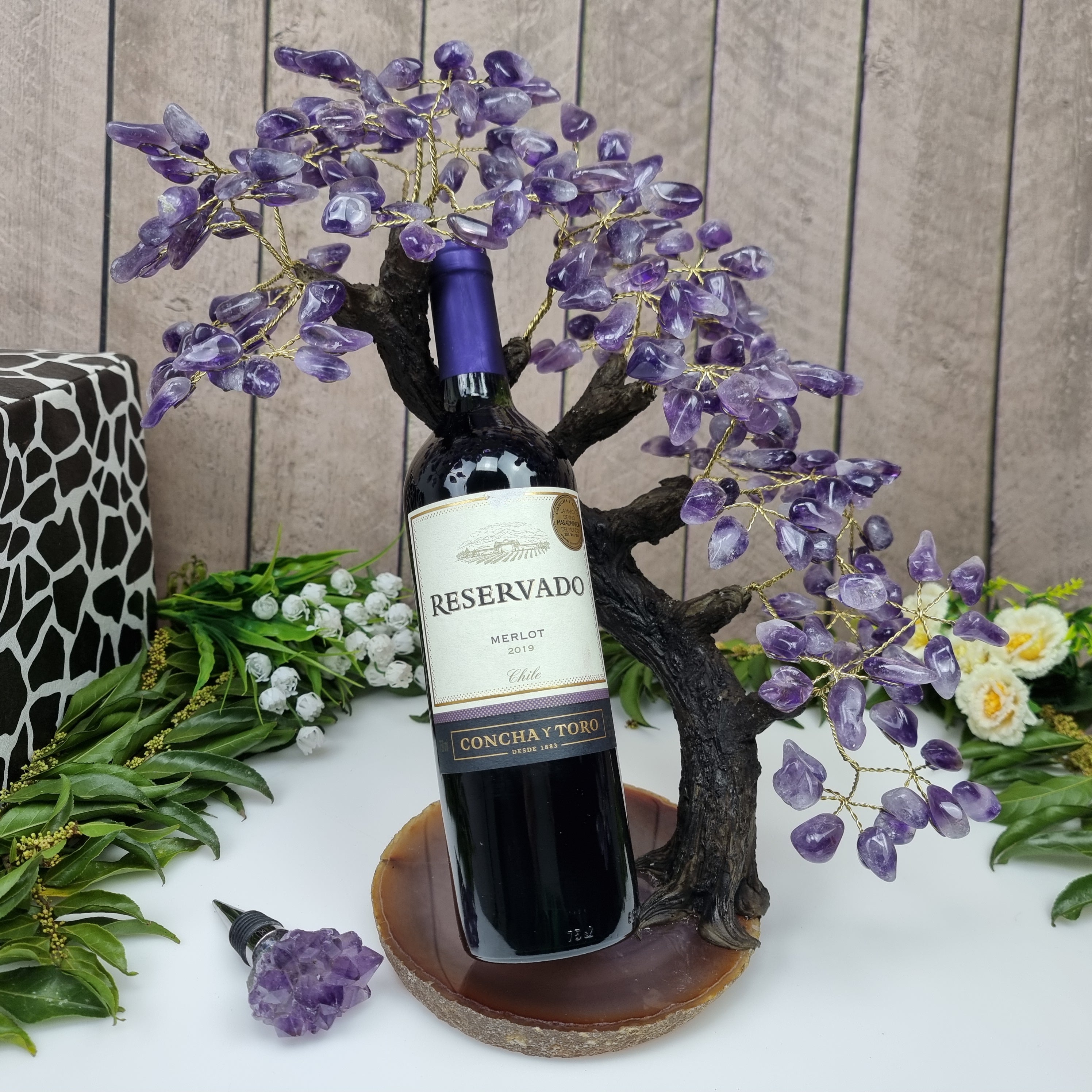 Árvore de Ametista Porta Vinho base ágatas, 44 galhos  e 220 pedras, 40 cm alt peso 2,450 kg