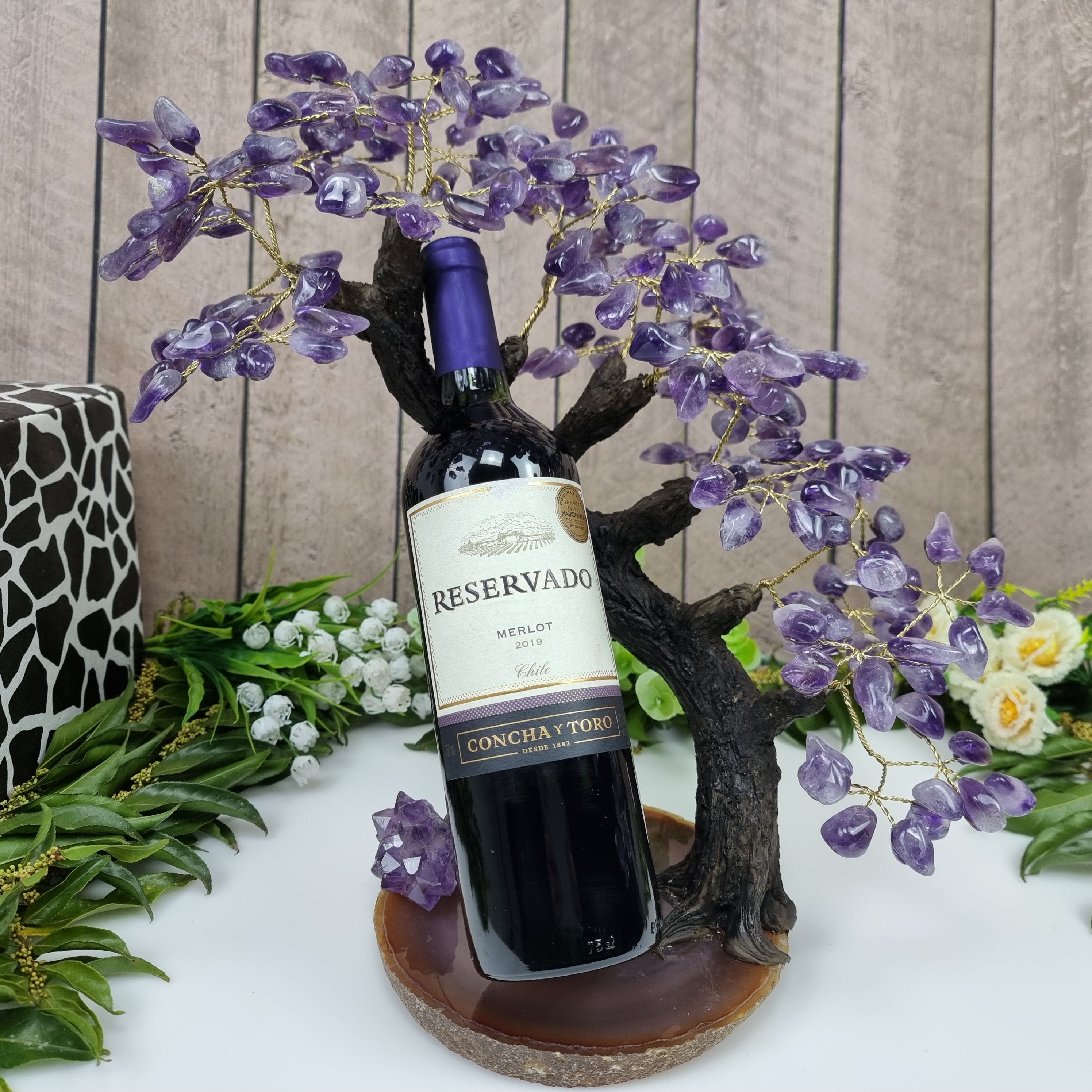 Amethyst Tree Wine Holder agate base, 44 branches and 220 stones, 40 cm high, weight 2.450 kg