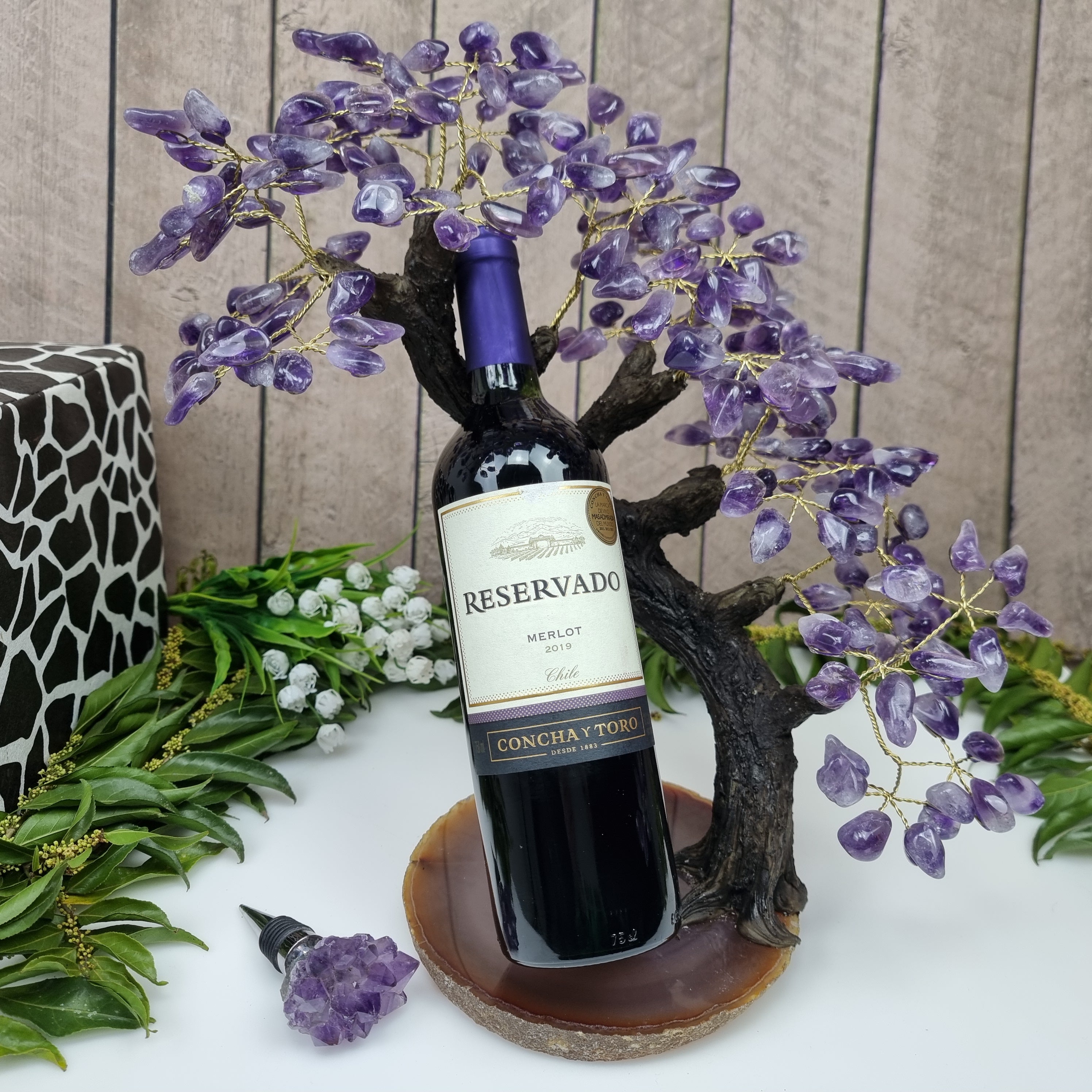 Amethyst Tree Wine Holder agate base, 44 branches and 220 stones, 40 cm high, weight 2.450 kg