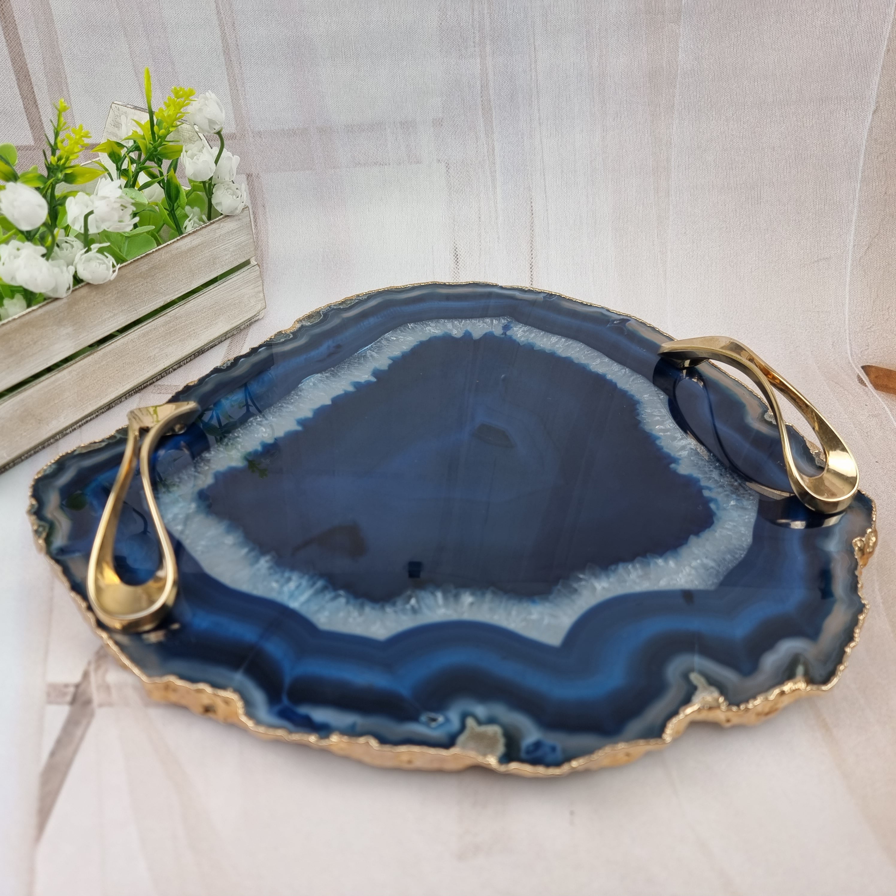 Natural Agate Trays with Handles | 1 Unit Gold Plated | Size 30 cm | BR Crystals Handmade Piece