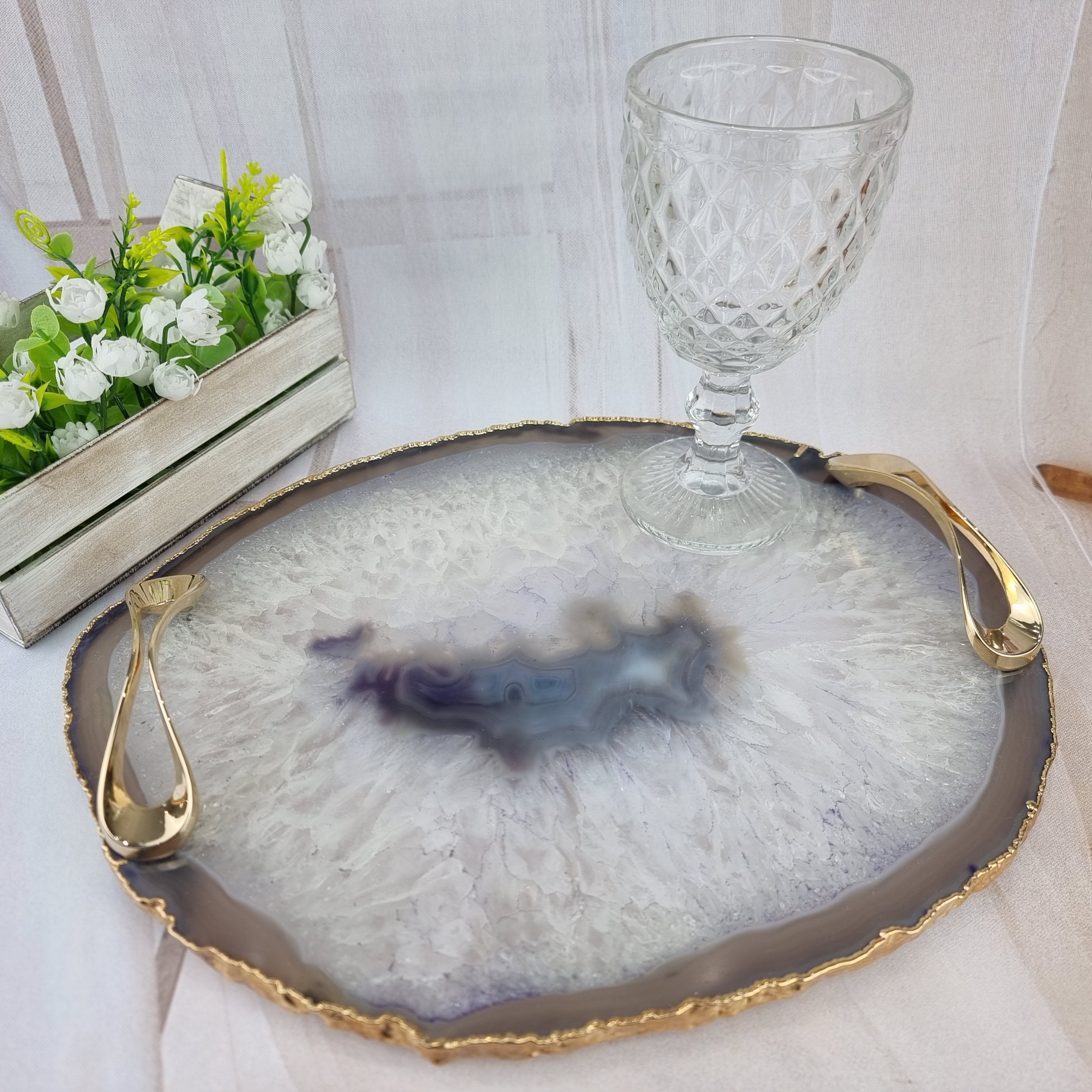 Natural Agate Trays with Handles | 1 Unit Gold Plated | Size 30 cm | BR Crystals Handmade Piece
